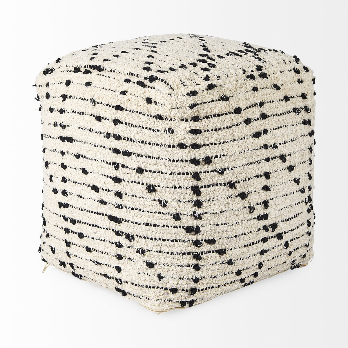 Aarohi  Cream/Black Cotton Patterned Pouf, Ottoman by Mercana, 16" length x 16" width x 16" height View 6