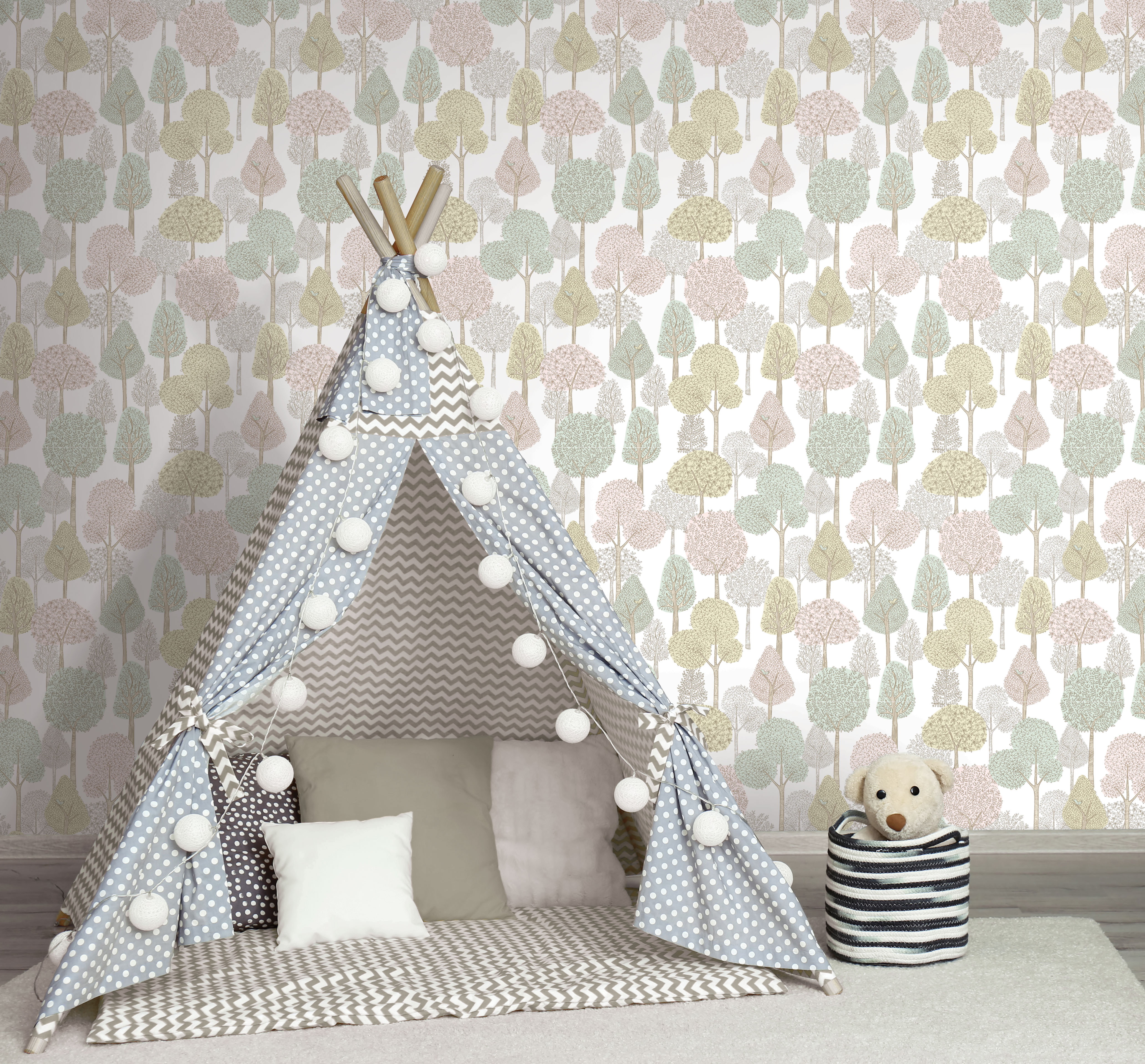 Treetops Pink & Mint Peel & Stick Wallpaper large image 