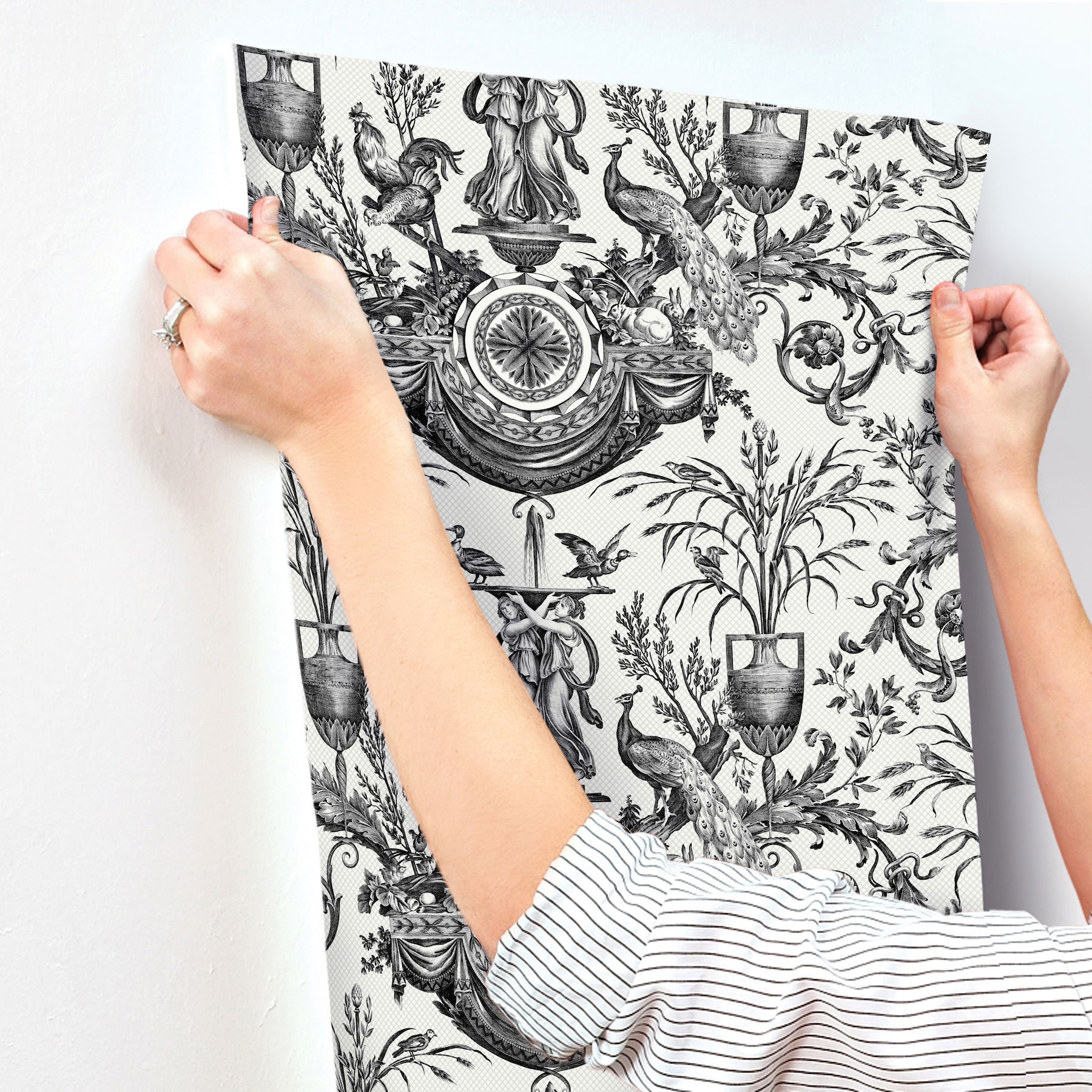 Avian Fountain Toile Black Wallpaper large image 
