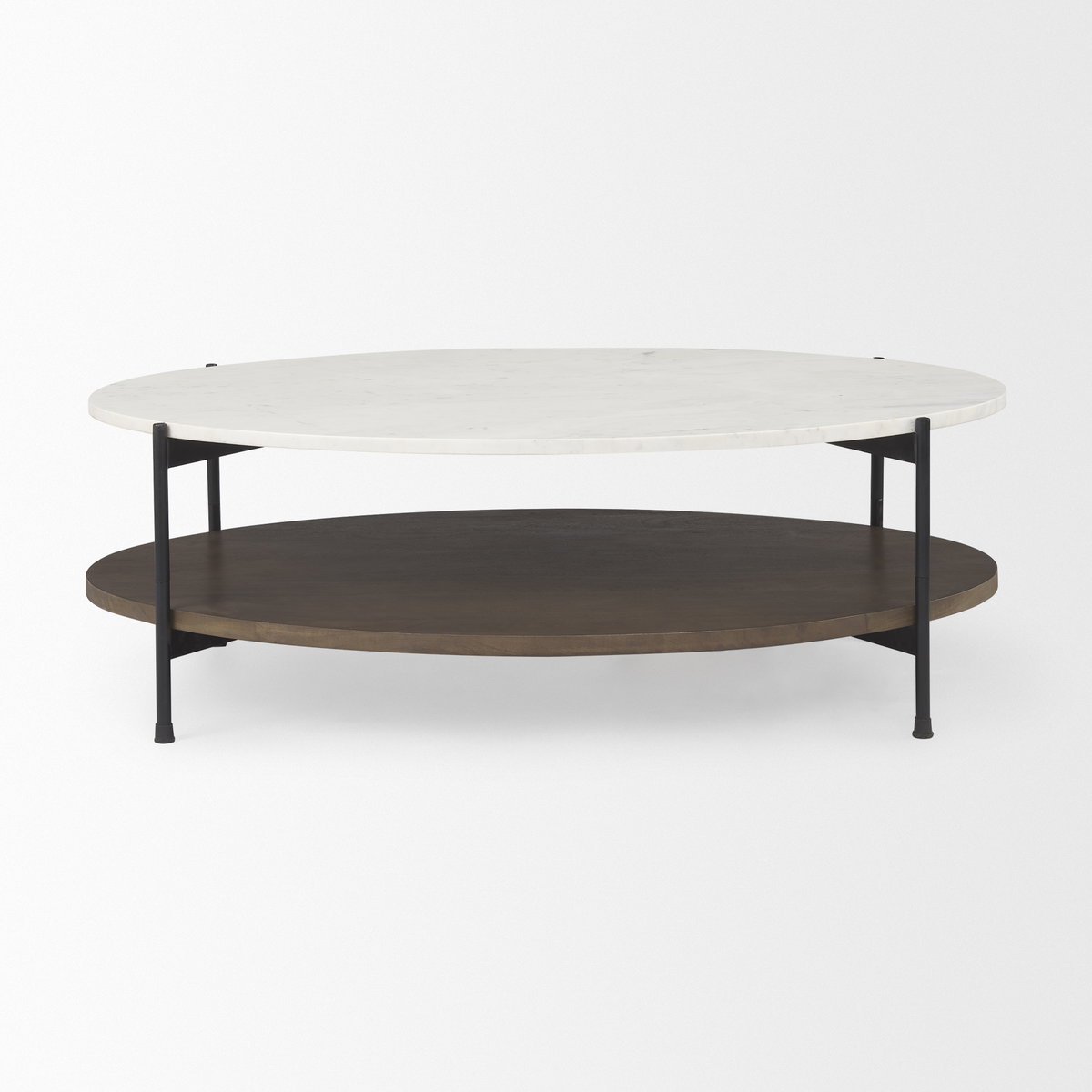 Larkin White Marble Top with Dark Brown Wood Shelf Oval Coffee Table, by Mercana, 48" length x 30" width x 16" height View 2