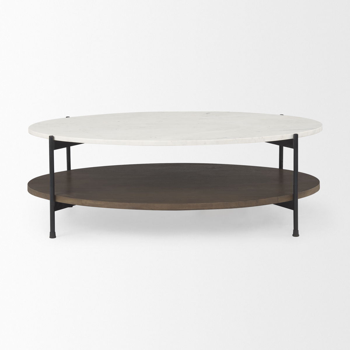 Larkin White Marble Top with Dark Brown Wood Shelf Oval Coffee Table, by Mercana, 48" length x 30" width x 16" height View 3