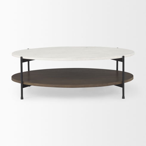 Larkin White Marble Top with Dark Brown Wood Shelf Oval Coffee Table