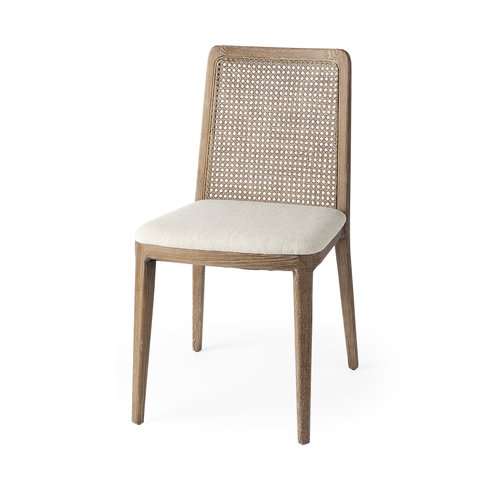 Clara Cane Back Dining Side Chair | Cream Fabric with Brown Wood