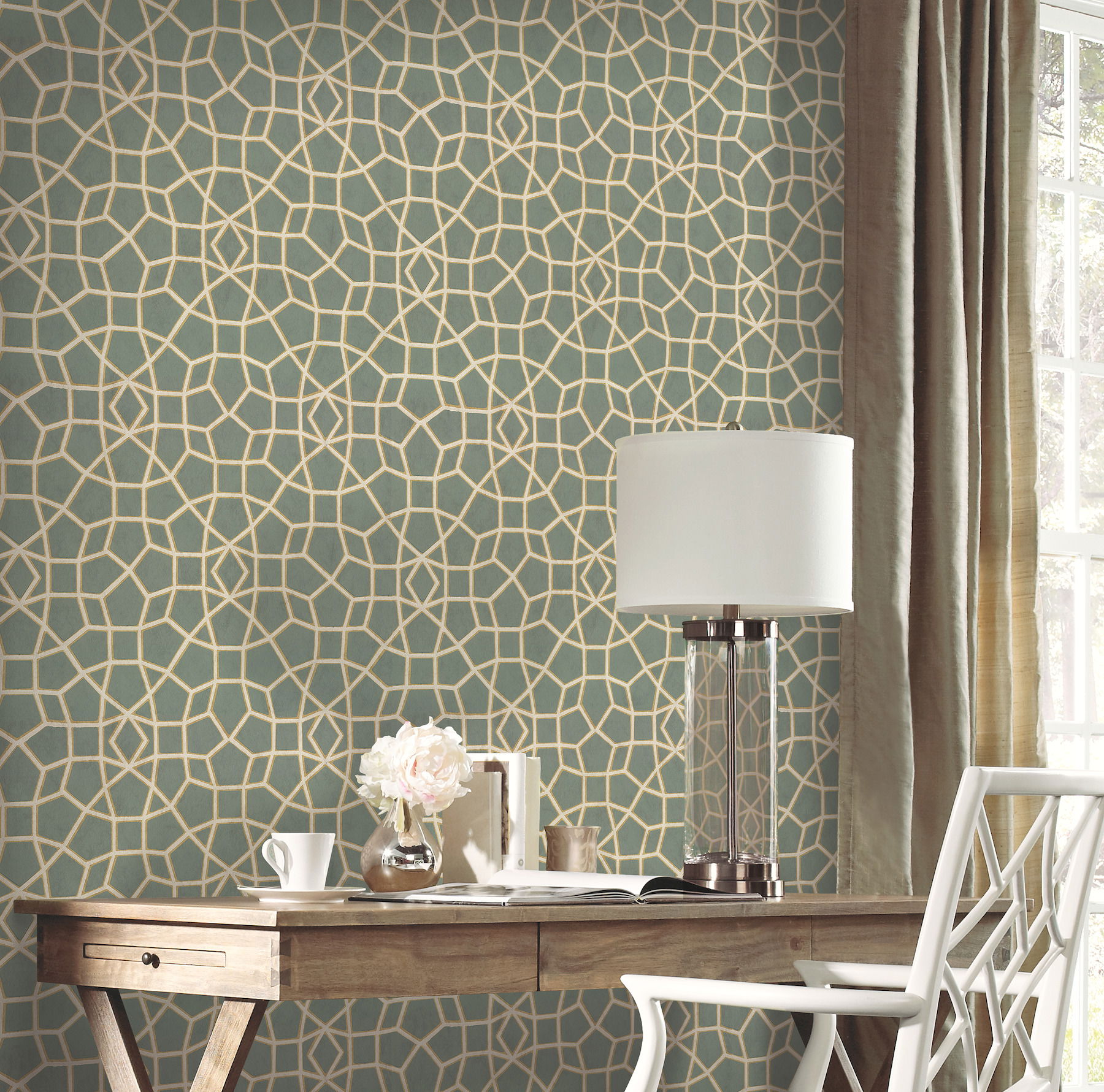 Sculptural Web Dark Green & Gold Wallpaper large image 