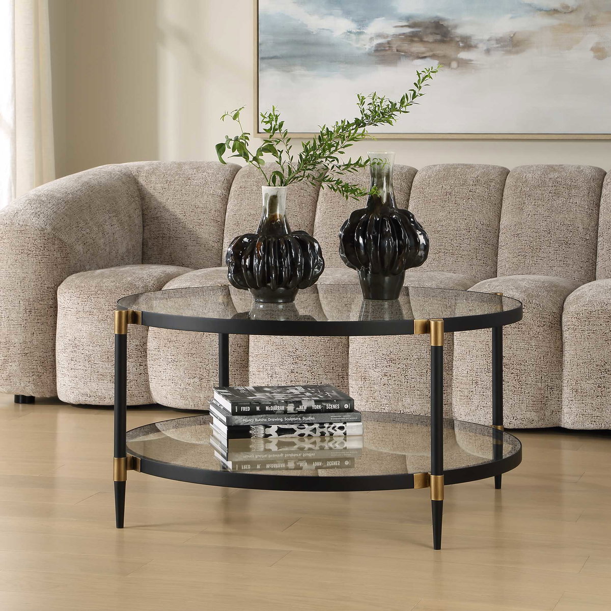 Chadid Round Glass Coffee Table, by Uttermost, 39" width x 18.25" height x 39" depth View 4
