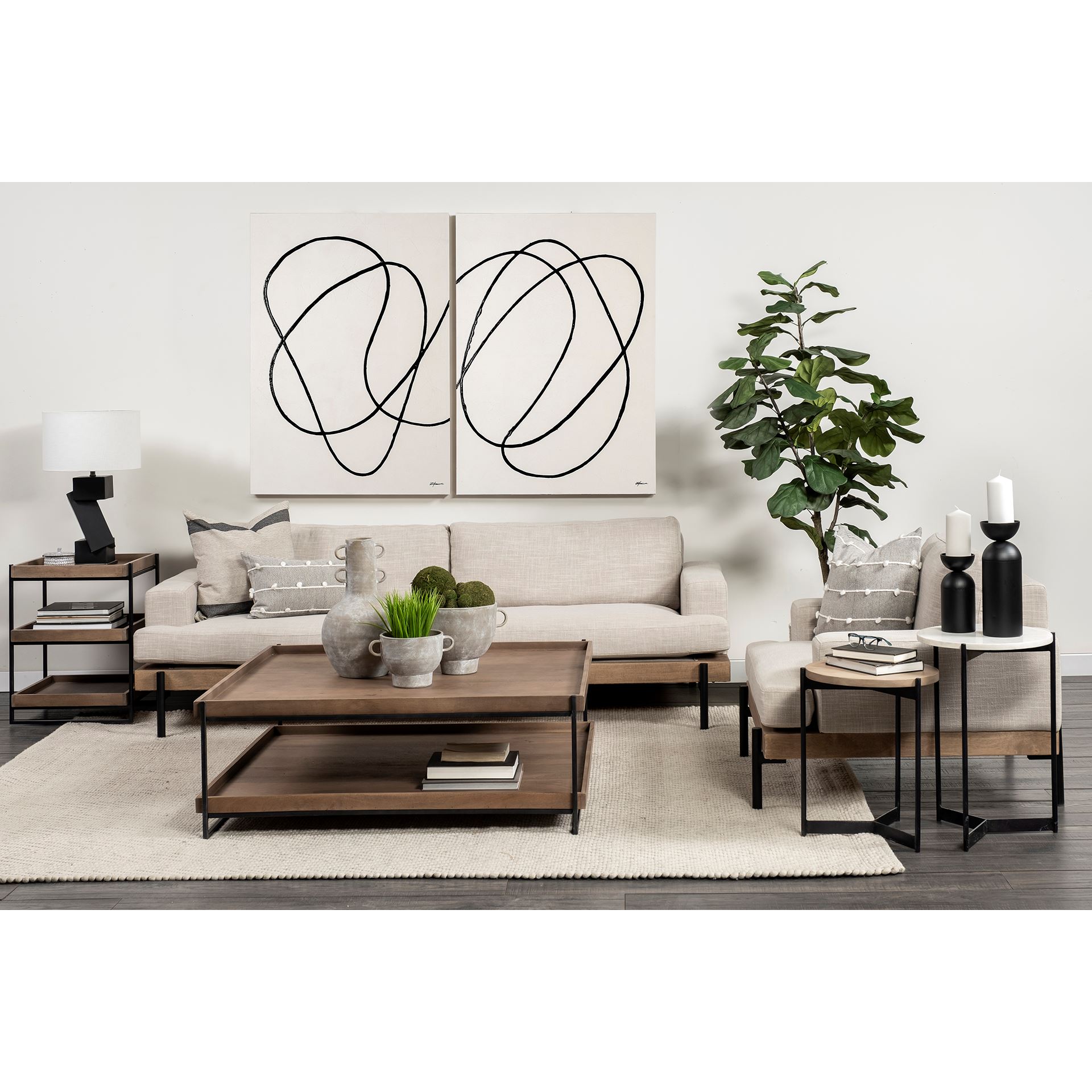 Trey III 20' x 26' Square Medium Brown Wooden Three-Tiered Black Iron Frame End/Side Table, Side & End Table by Mercana, 20" length x 20" width x 26" height View 3