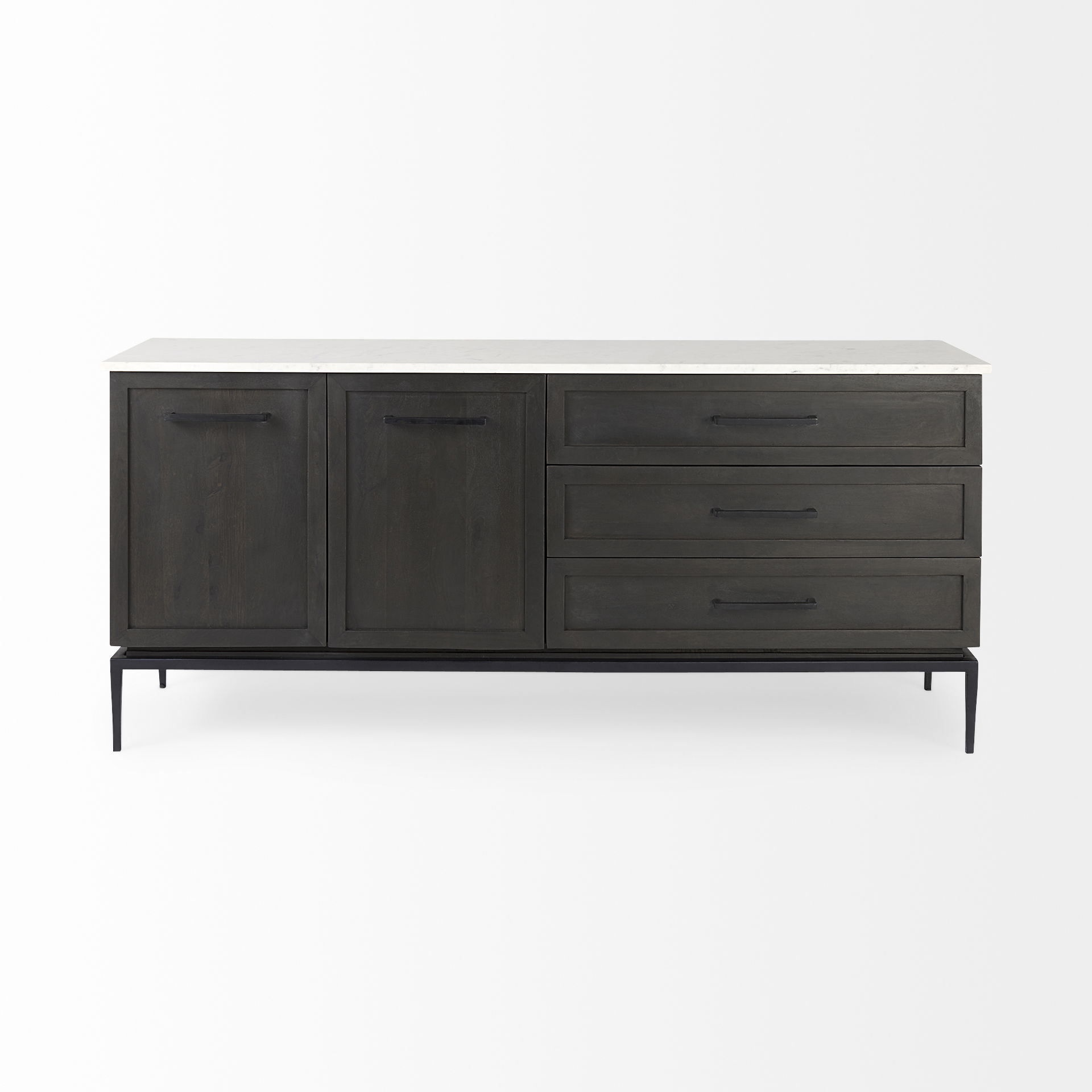 Divina Black-Brown Wood with White Marble Top and Black Metal Base Sideboard, Sideboards & Buffet by Mercana, 71" length x 18.5" width x 32" height View 7