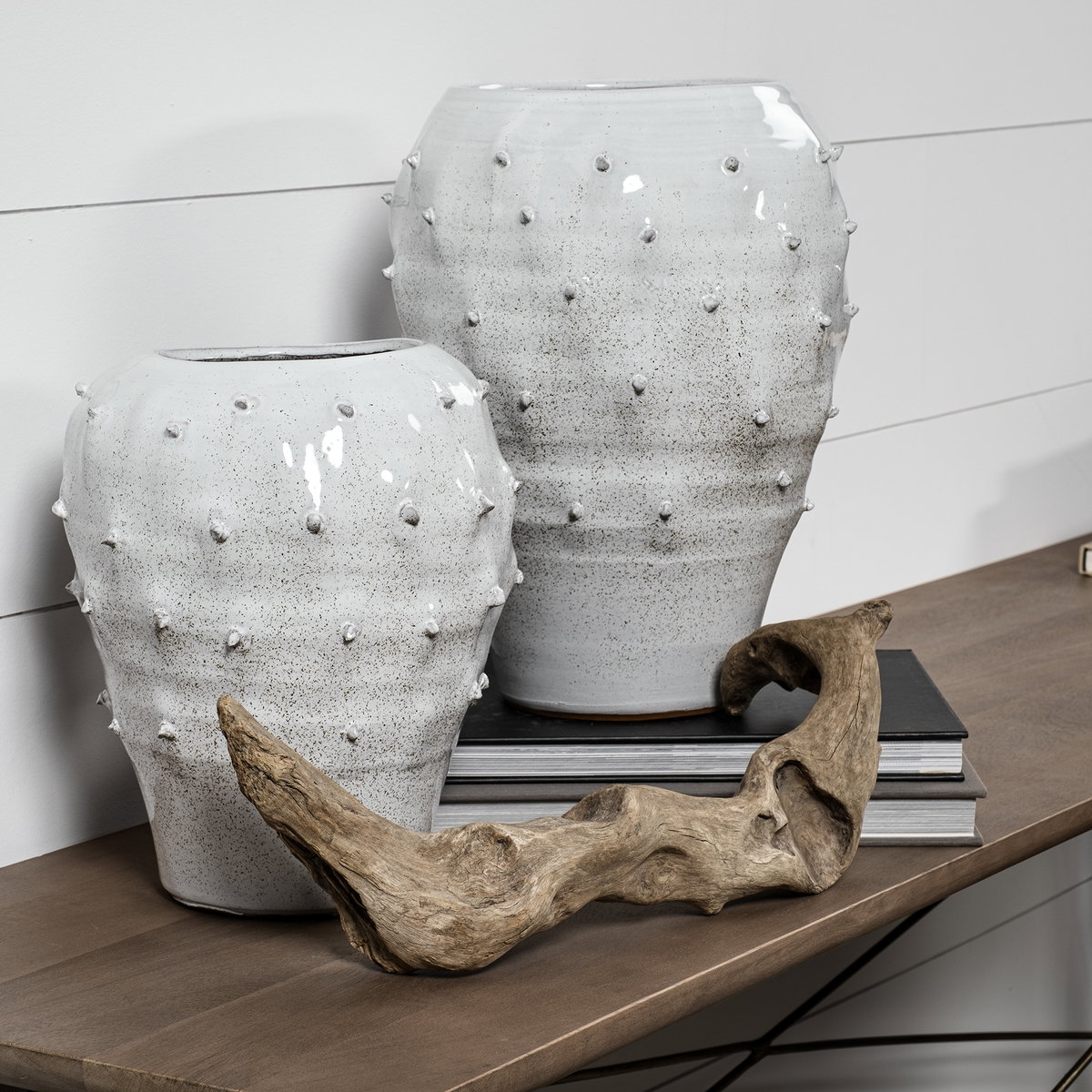 Julian Large Glossy White Ceramic Spoked Vase, by Mercana, 10.04" length x 10.04" width x 13.58" height View 3