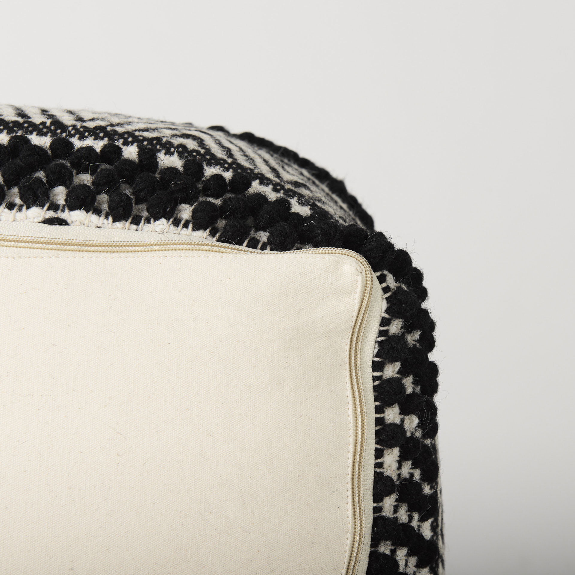 Garima   Black/White Wool and Cotton Patterned Pouf, Ottoman by Mercana, 22" length x 22" width x 14" height View 11