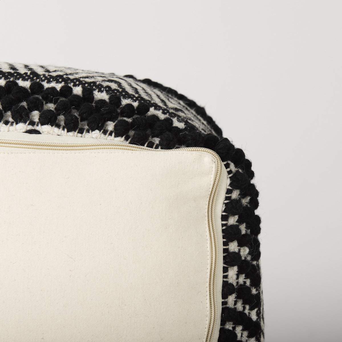 Garima   Black/White Wool and Cotton Patterned Pouf, Ottoman by Mercana, 22" length x 22" width x 14" height View 11