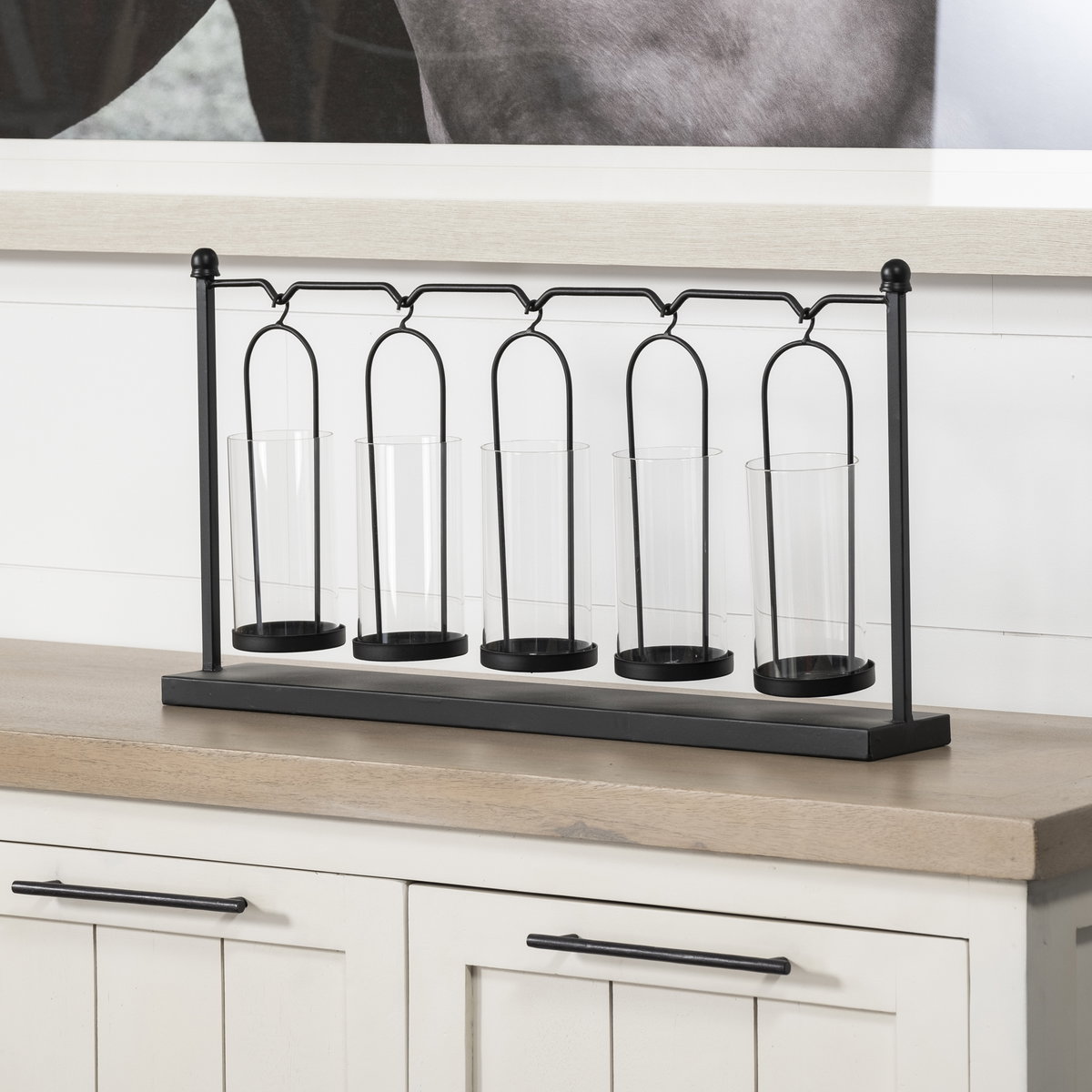 Erlen Black Metal Hanging Votive Five Candle Table Candle Holder, Candles & Candle Holder by Mercana, 23.62" length x 3.94" width x 12.8" height View 4