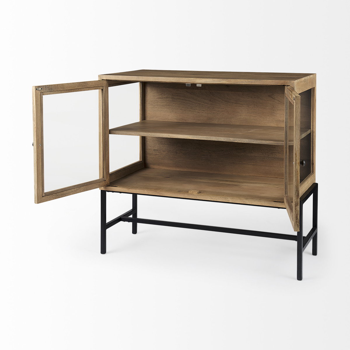 Arelius 36L x 18W x 32H Light Brown Wood, Black Metal Base with 2 Glass Doors Accent Cabinet, Cabinets & Chest by Mercana, 36" length x 18.75" width x 32" height View 6