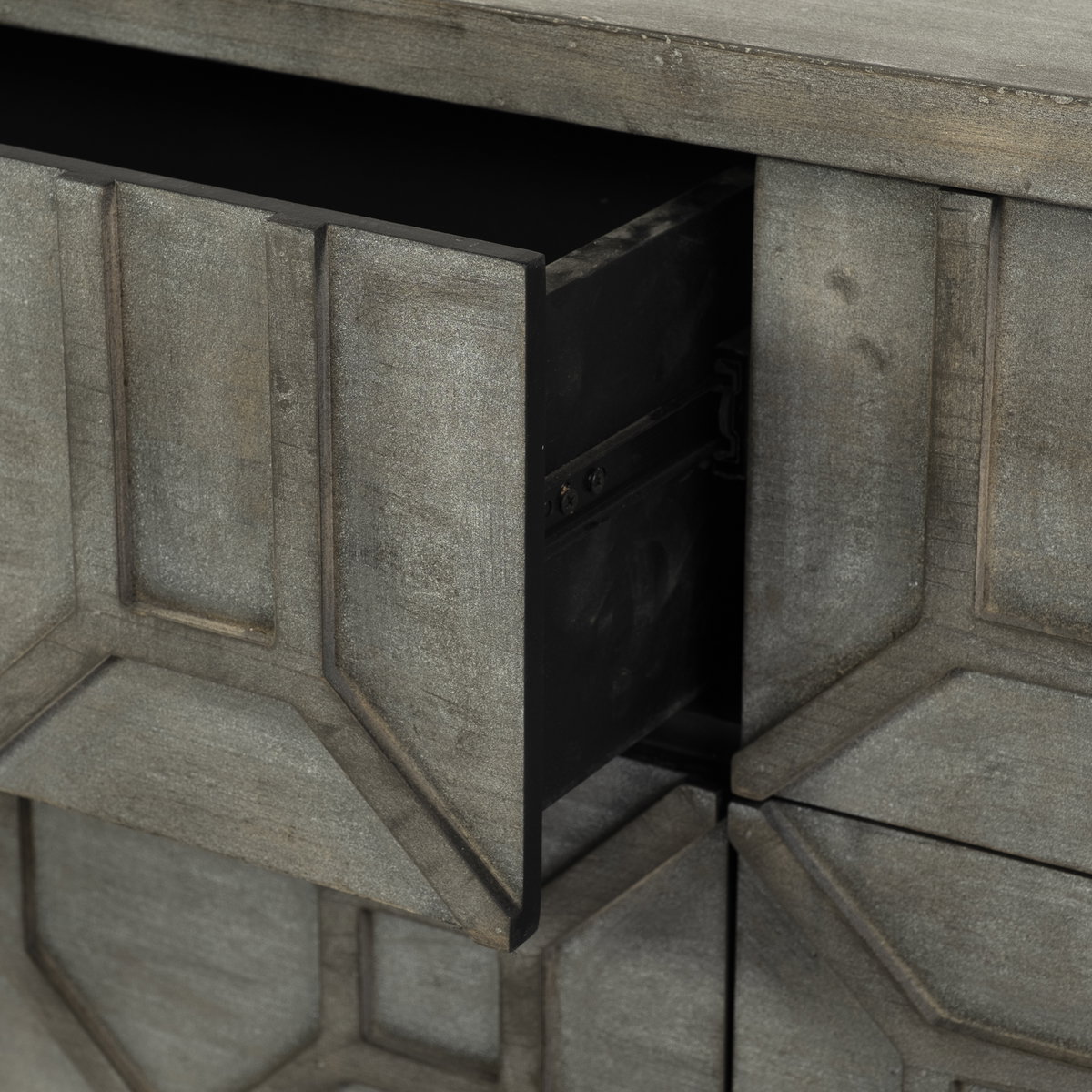 Genevieve II 70x15.8 Gray Fir Veneer with Gold Metal Frame Base 9 Drawer Sideboard, Sideboards & Buffet by Mercana, 70" length x 15.75" width x 31" height View 10