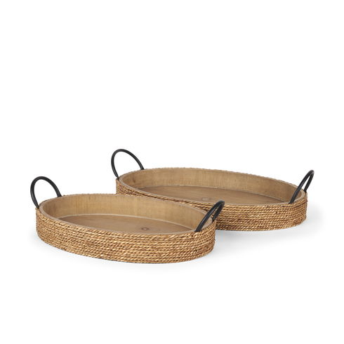 Wheaton Light Brown Wood with Natural Jute Serving Trays