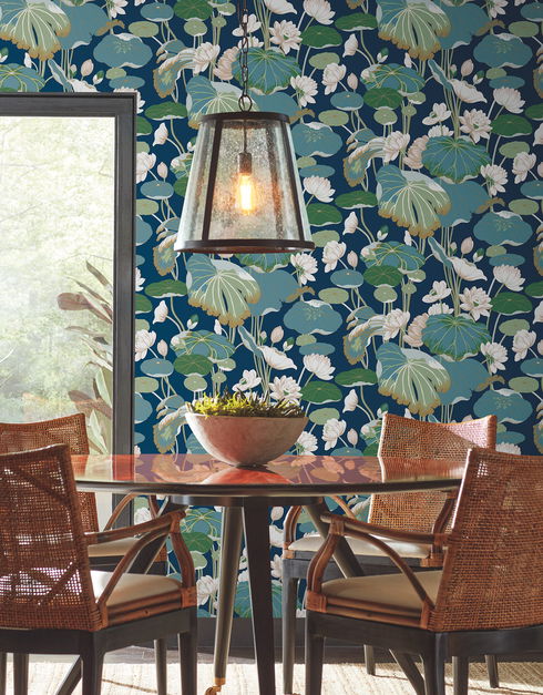 Lotus Pond Navy Metallic Wallpaper