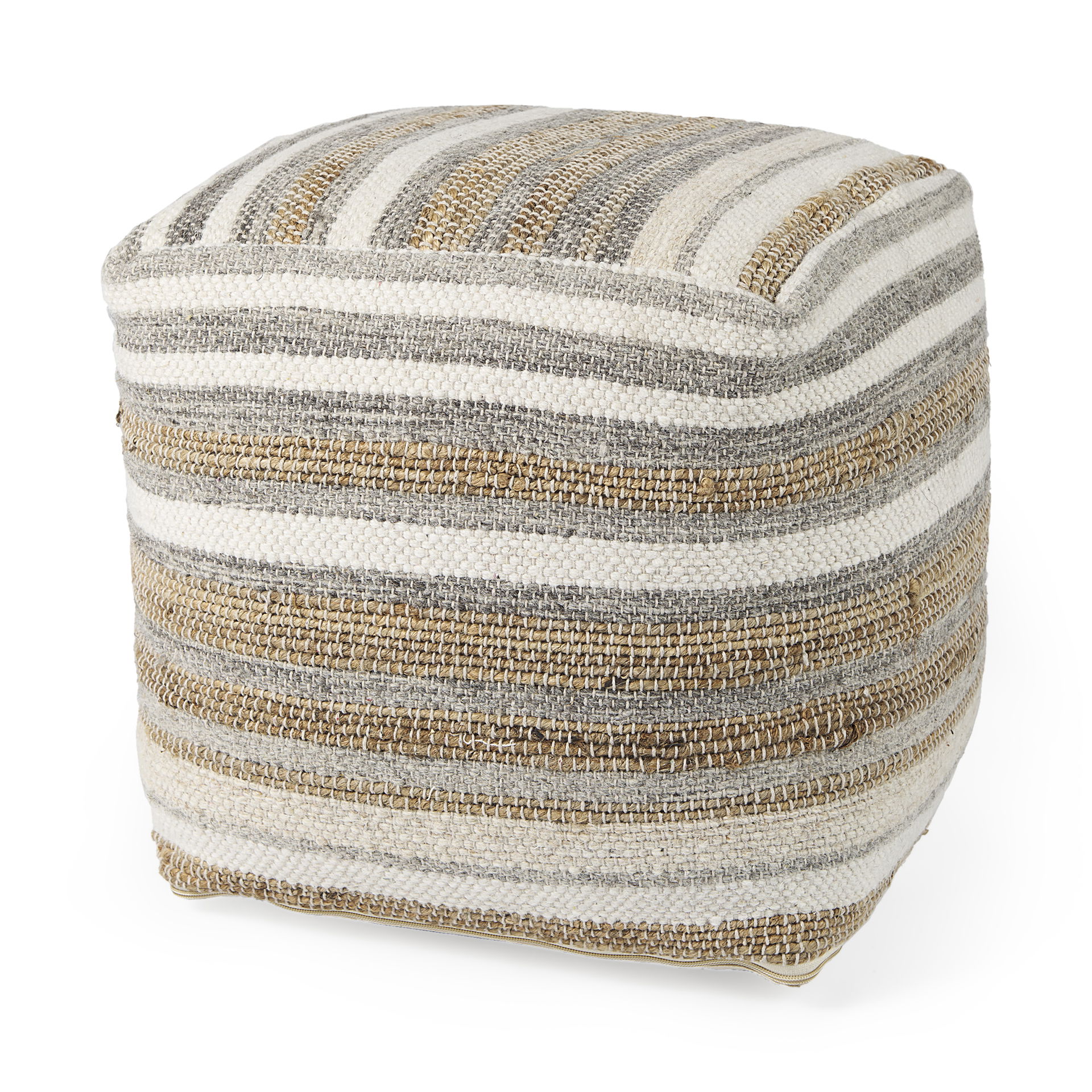 Aahana  White/Taupe/Gray Striped Hemp and Cotton Pouf, Ottoman by Mercana, 16" length x 16" width x 16" height View 1