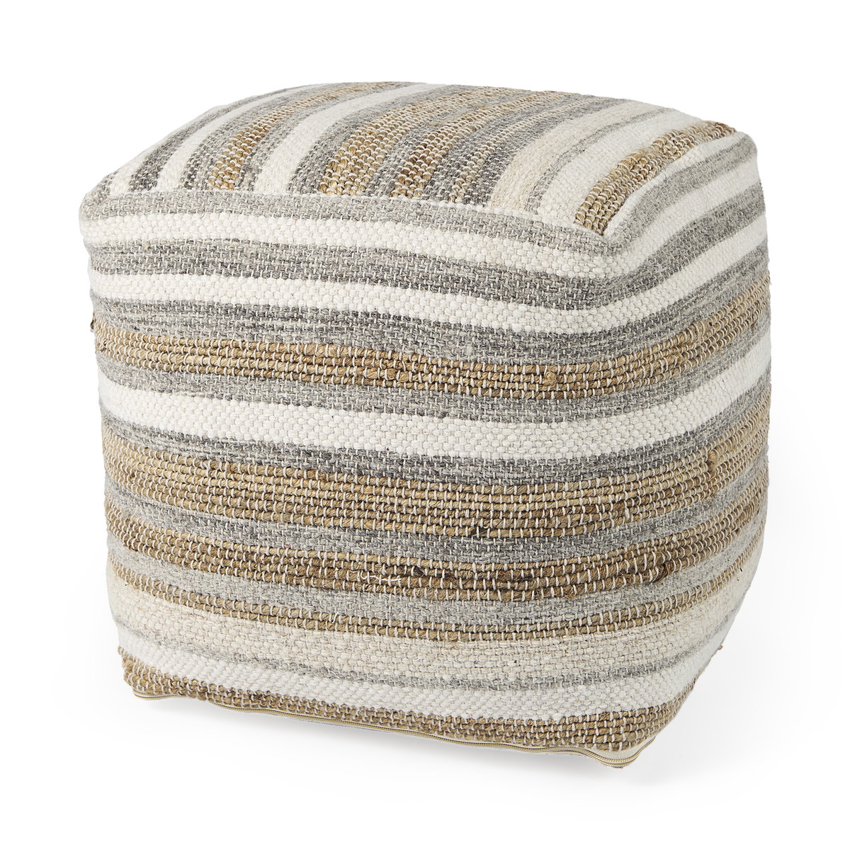 Aahana  White/Taupe/Gray Striped Hemp and Cotton Pouf, Ottoman by Mercana, 16" length x 16" width x 16" height View 1