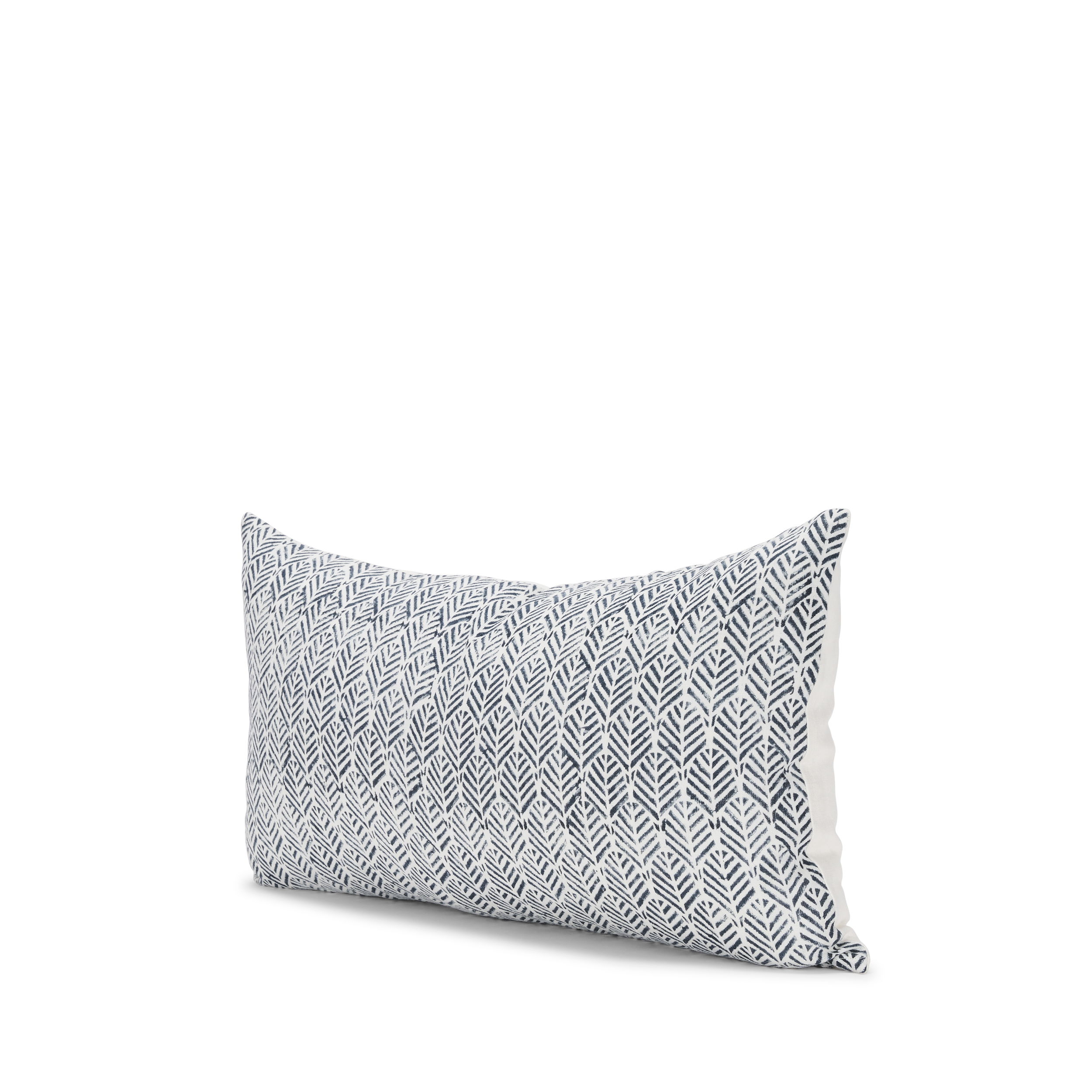 Janelle Cream with Indigo Print Linen Lumbar Decorative Pillow Cover, by Mercana, 14" length x 26" width x 0.2" height View 1