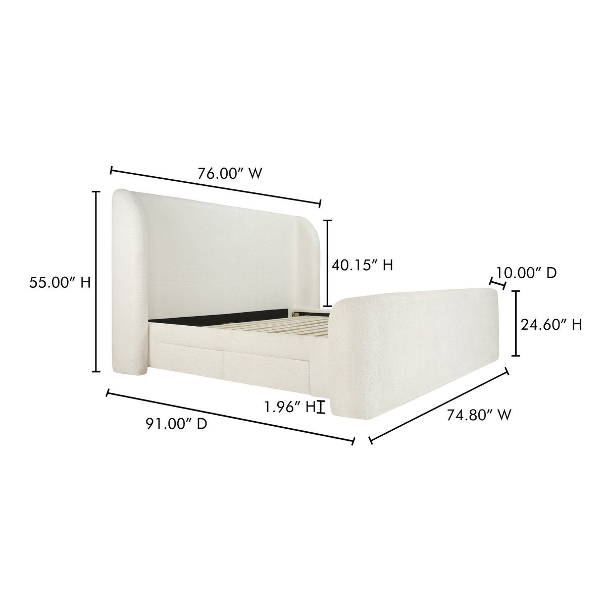Sophia Queen Storage Bed Cream, by Moe's Home, 6'4" width x 4'7" height x 7'7" depth View 16