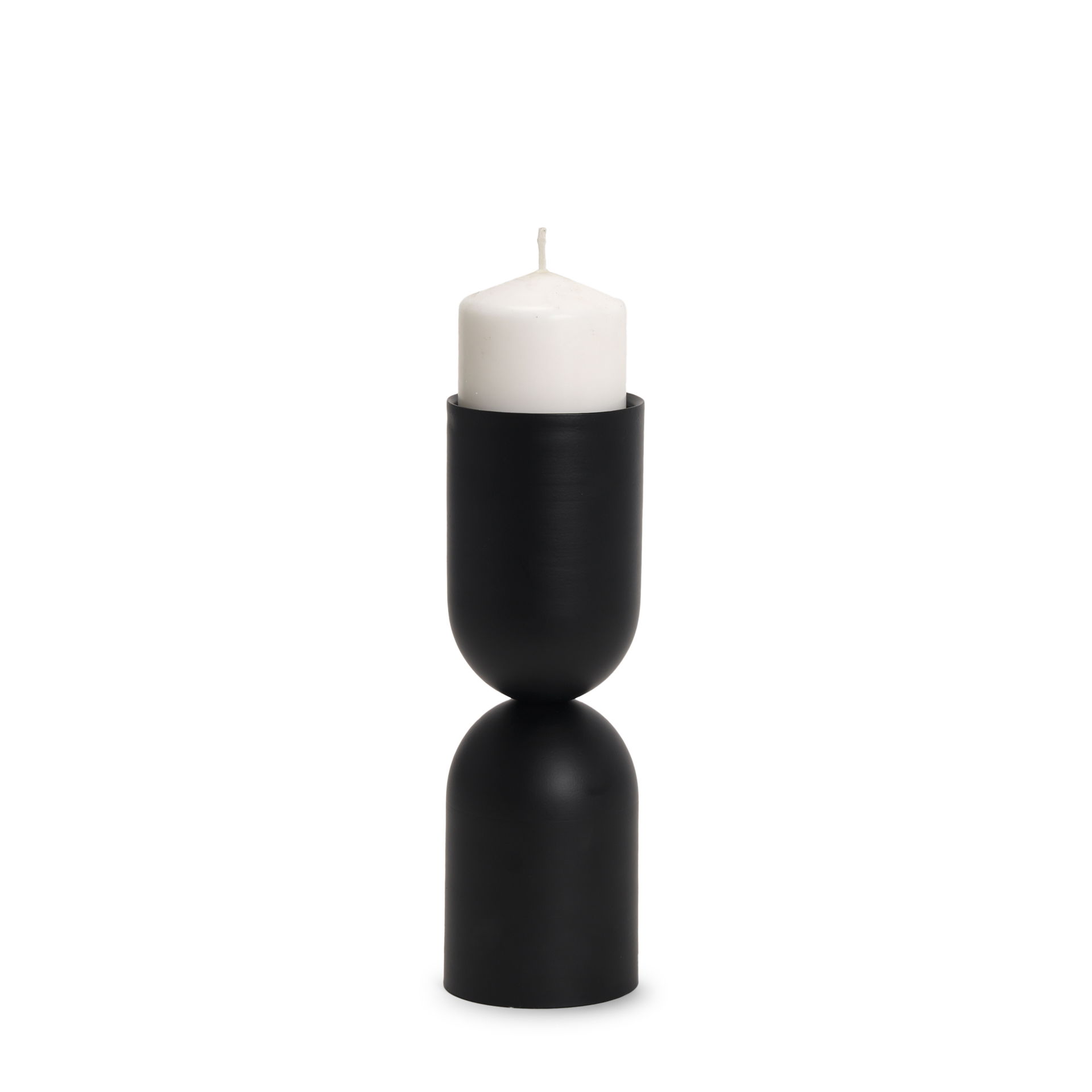 Qamra Medium Black Metal Pillar Candle Holder, Candles & Candle Holder by Mercana, 3.5" length x 3.5" width x 11" height View 1