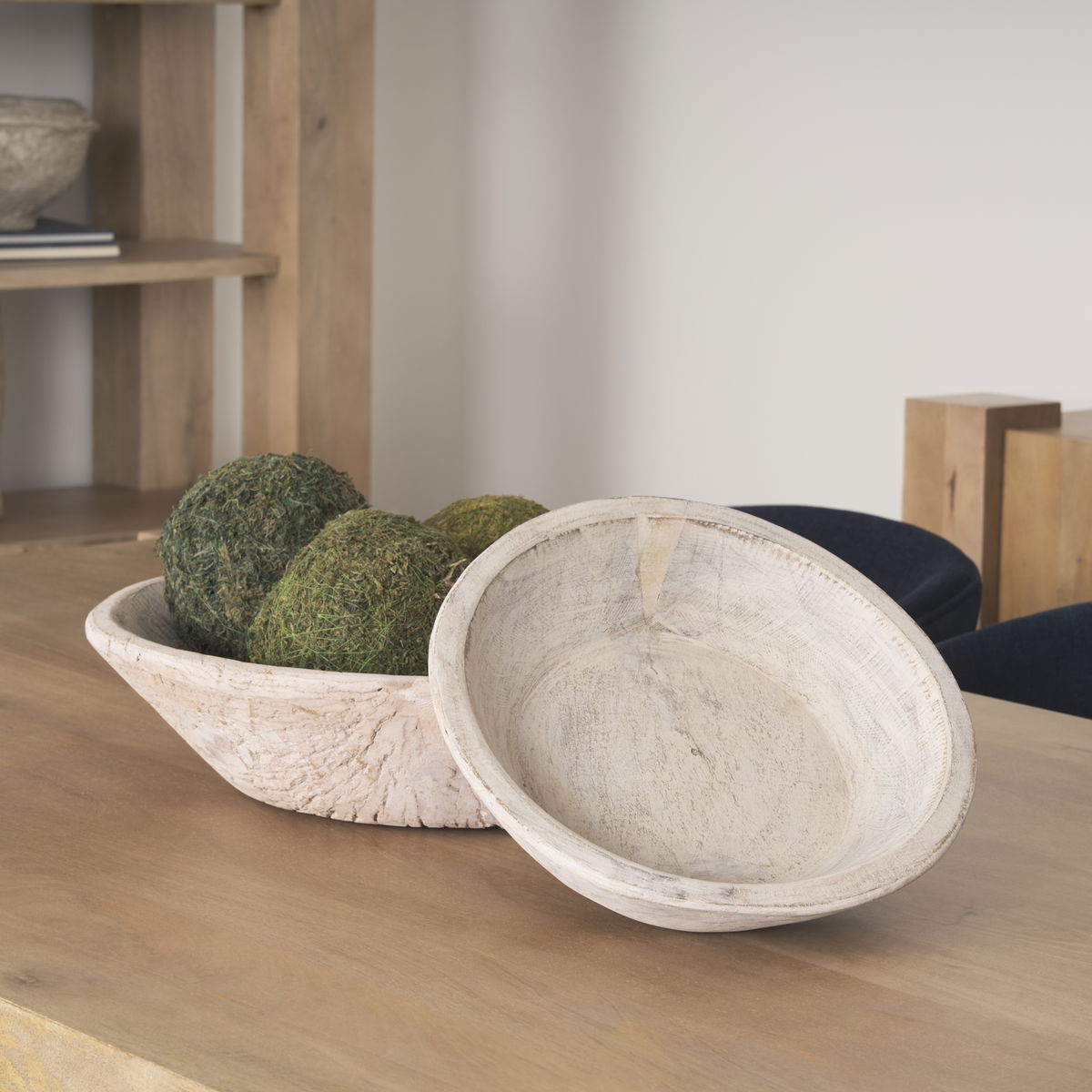 Nikita Set of 2 Large Light-Wash Reclaimed Wood Bowls, Decorative Bowl by Mercana, 17.25" length x 18.25" width x 4.5" height View 4