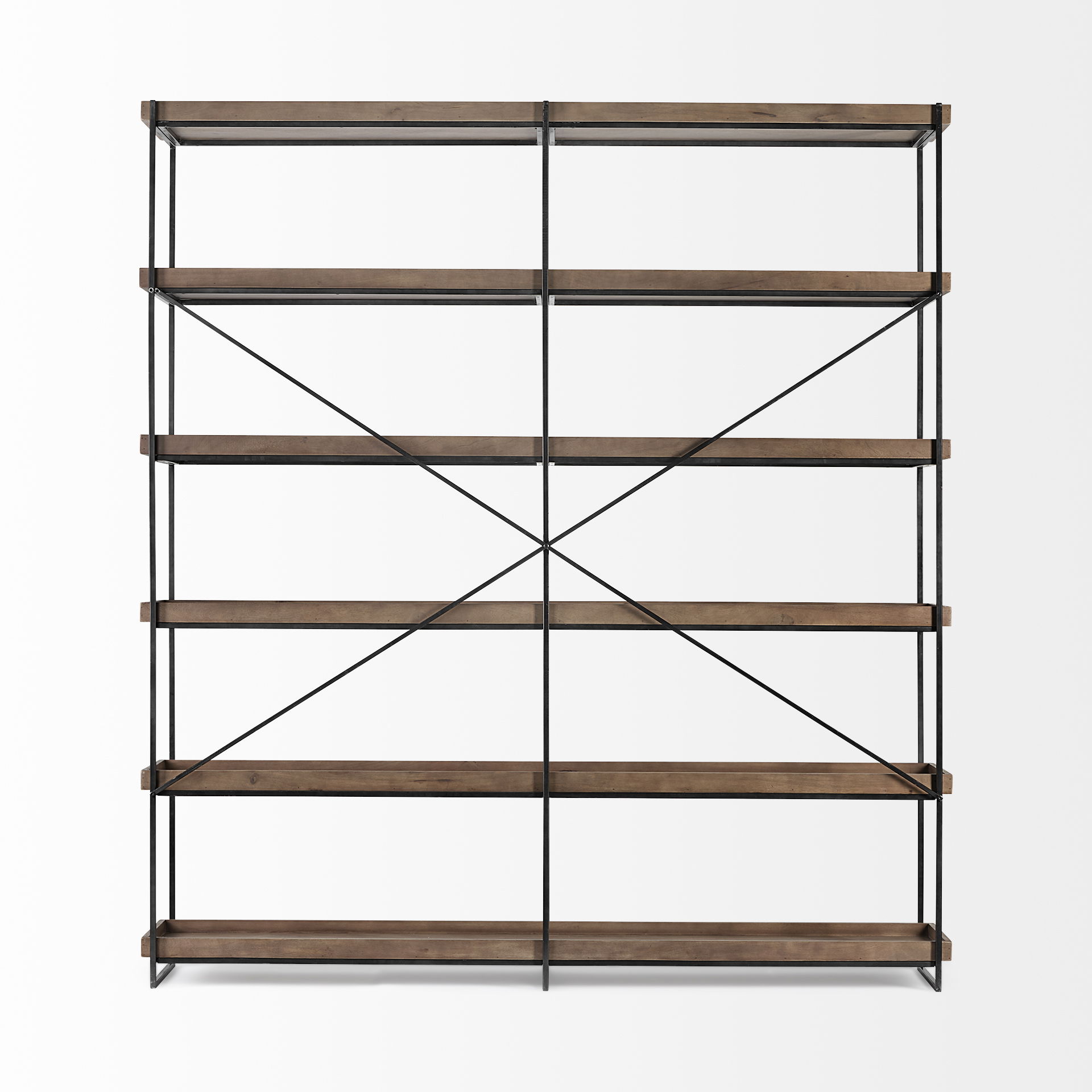 Trey IV 80L x 16W x 87.5H  Medium Brown Wood and Iron Five Tray Shelf Shelving Unit, Shelving & Bookcase by Mercana, 80" length x 16" width x 87.5" height View 6