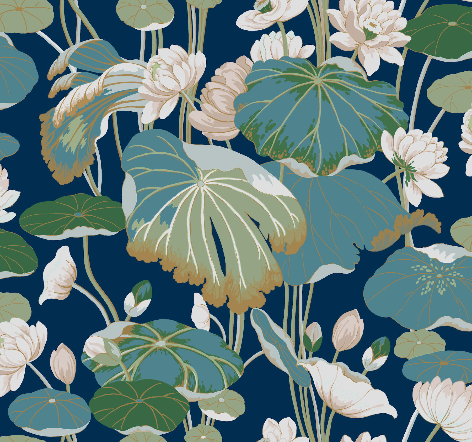 Lotus Pond Navy Metallic Wallpaper large image 
