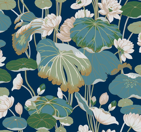 Lotus Pond Navy Metallic Wallpaper