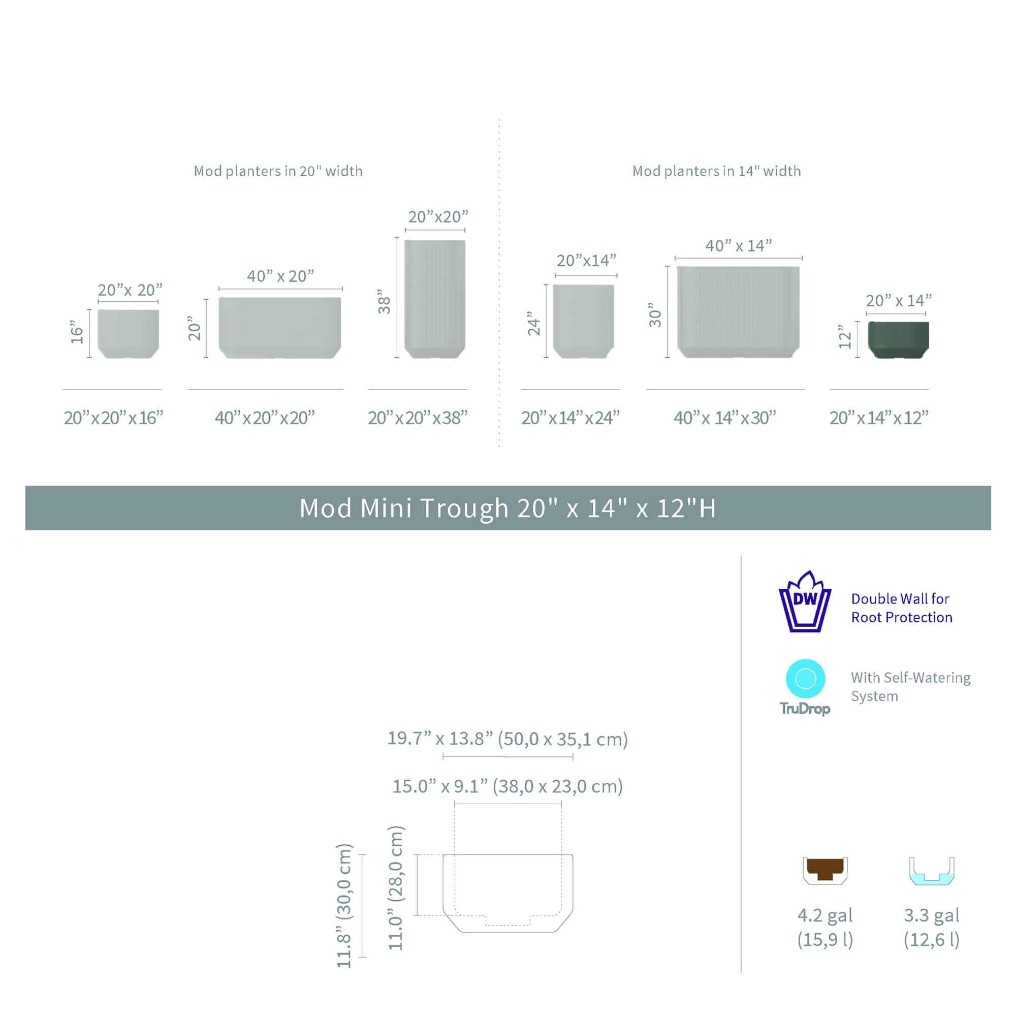 TruDrop Modular Self-Watering Mini Trough Planter - Indoor/Outdoor - Cloud White, by Crescent Garden, 14" width x 12" height x 20" depth View 6
