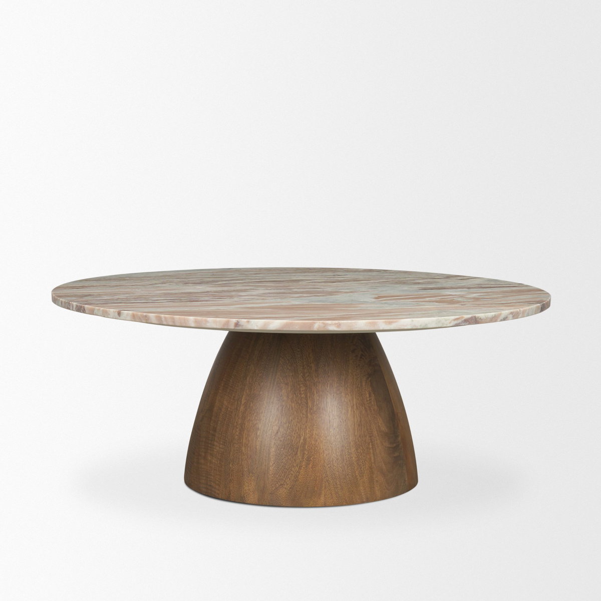 Allyson Round Brown Pedestal with Savar Pink Marble Top Coffee Table, by Mercana, 42" length x 42" width x 16" height View 6
