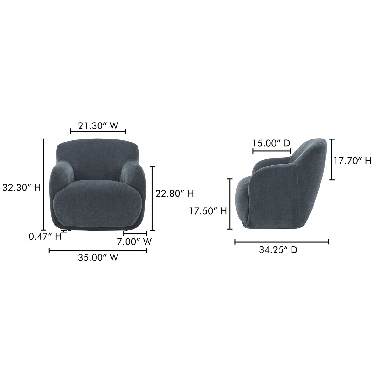 Stevie Lounge Chair Slate Blue, Accent Chair by Moe's Home, 35" width x 32.3" height x 34.25" depth View 8