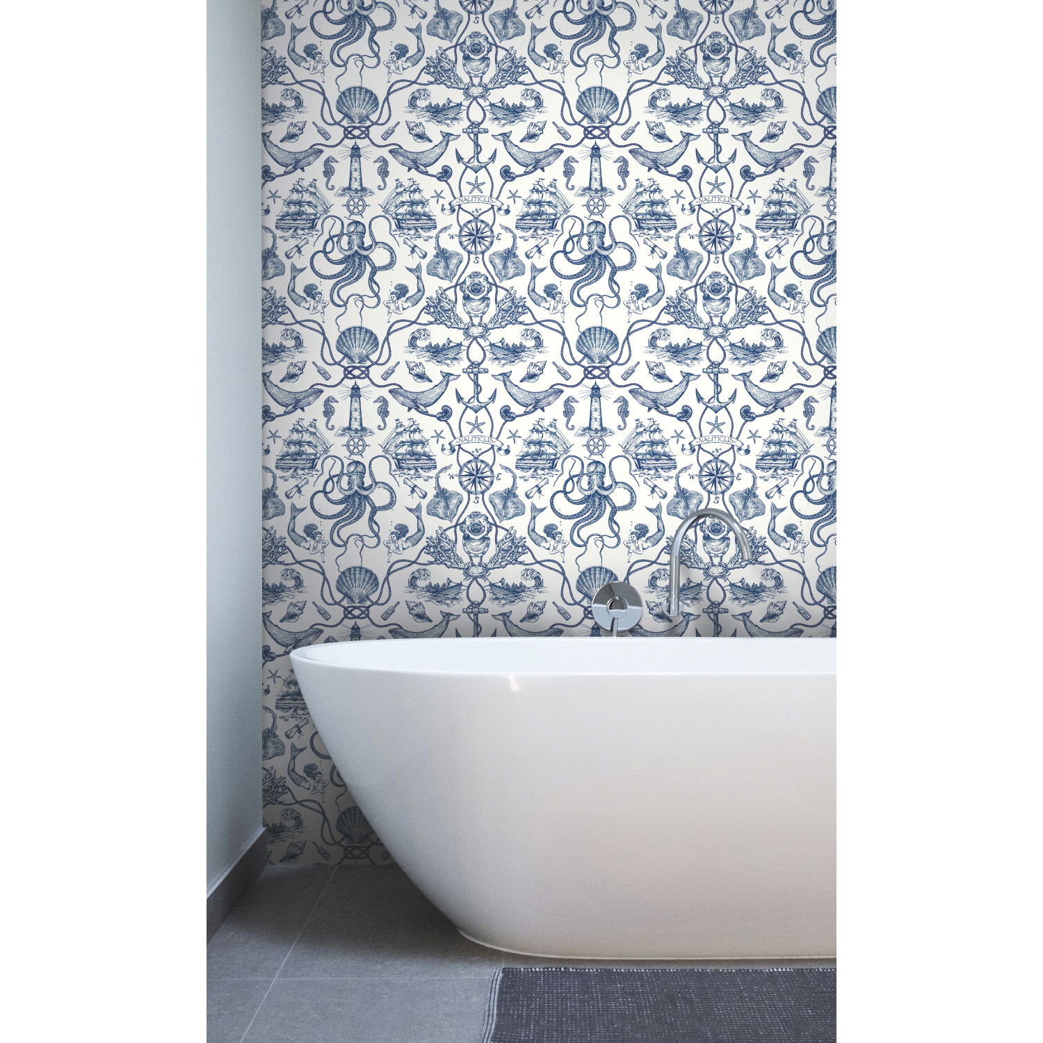 Deep Sea Toile Blue Wallpaper, by York Wall, 33' length x 1'8.5" width x 0.02" depth View 4