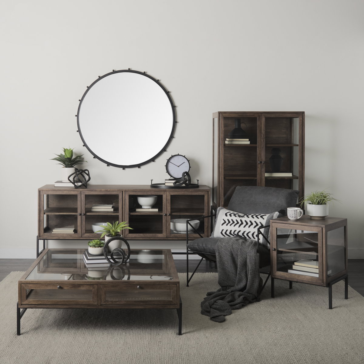 Arelius 36L x 18.75W x 63H Medium Brown Wood with Black Metal Base Display Cabinet, Cabinets & Sideboard by Mercana, 36" length x 18.75" width x 63" height View 2