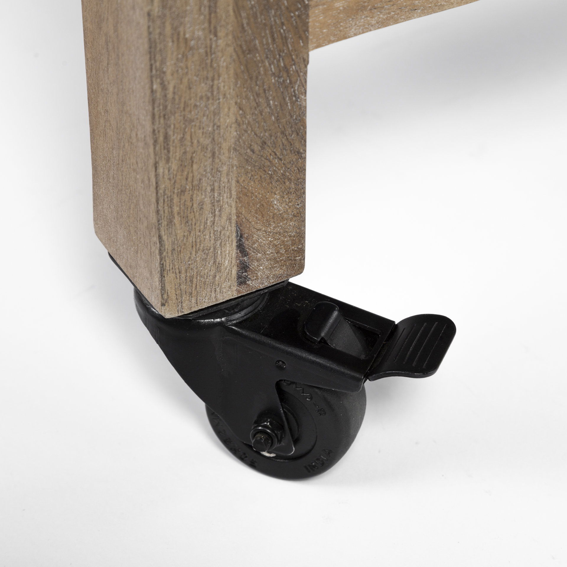 Stuart I Brown Solid Wood Top Two-Tier Black Metal Rolling Kitchen Island, by Mercana, 28" length x 63" width x 34.75" height View 13