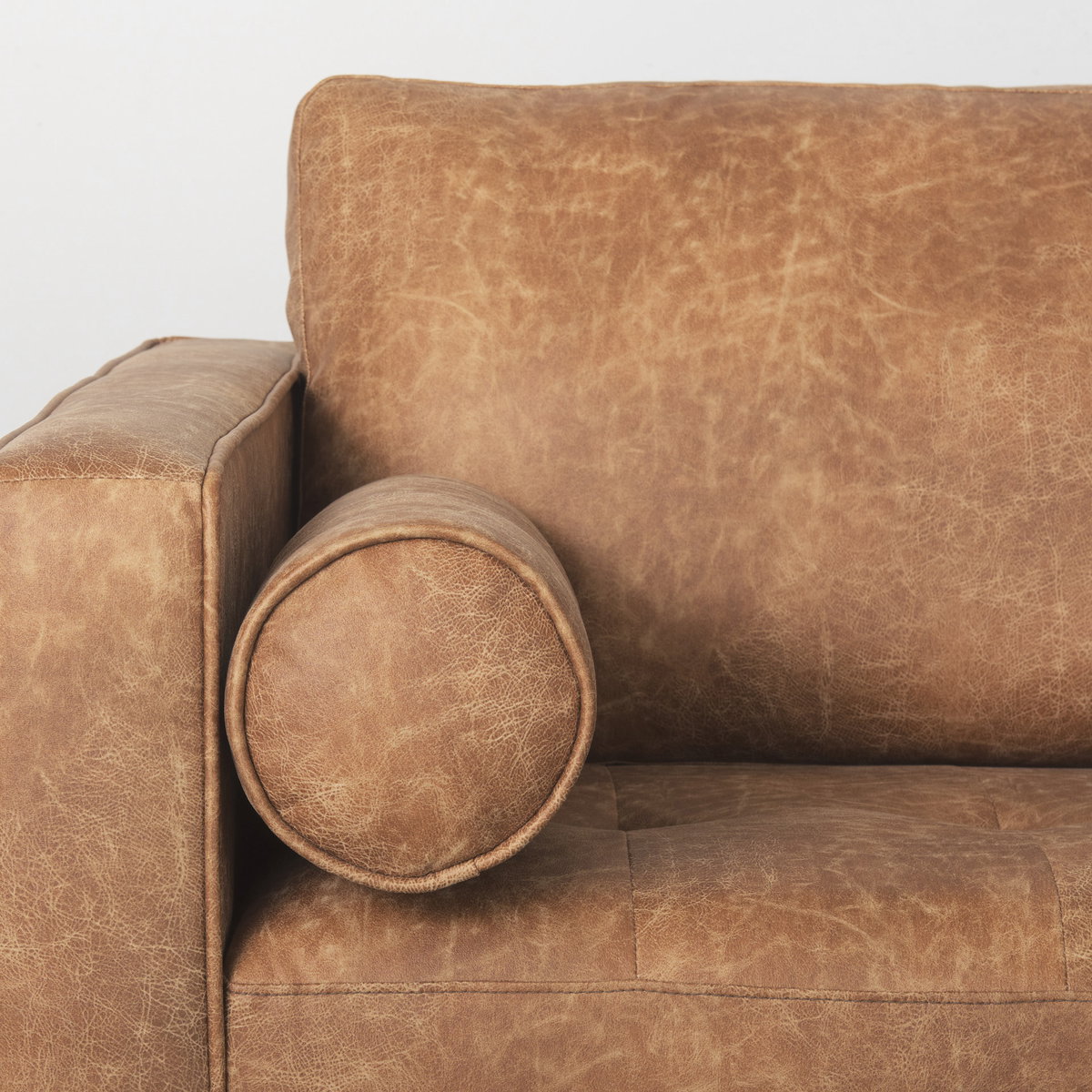 Loretta  Cognac Brown Faux Leather Three Seater Sofa with Two Bolster Cushions, Sofas & Sectional by Mercana, 87.99" length x 36.22" width x 33.86" height View 8