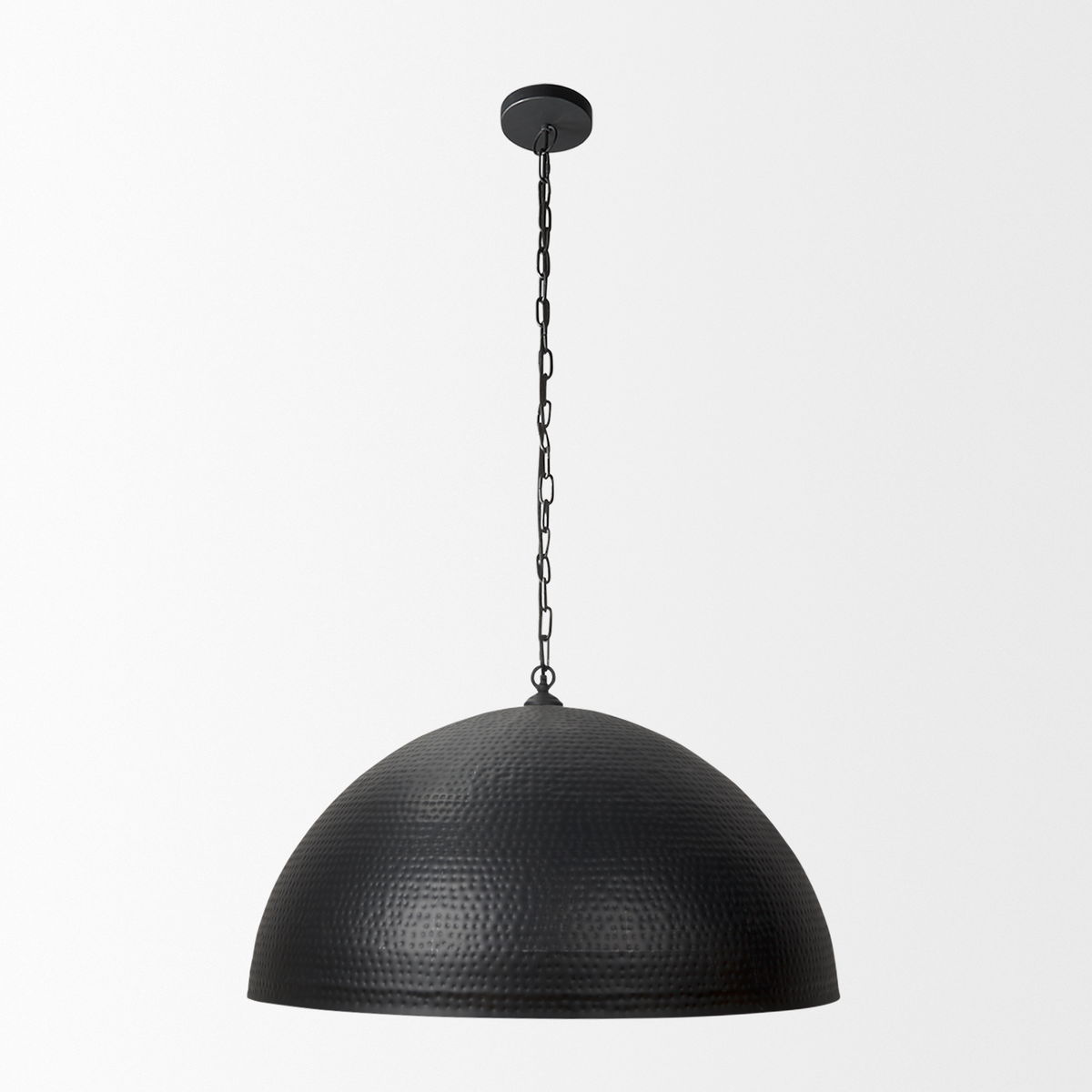 Karina 36' Round Matte Black Hammered Metal Dome Pendant Light, by Mercana, 36" length x 36" width x 21" height View 3