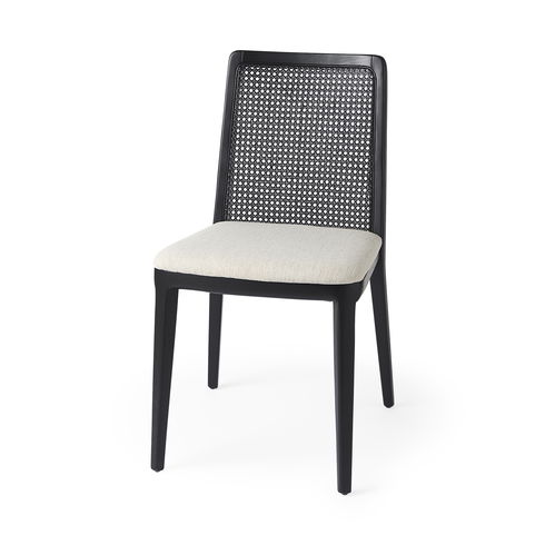 Clara Black Wood with Cream Fabric Seat and Cane Back Armless Dining Chair