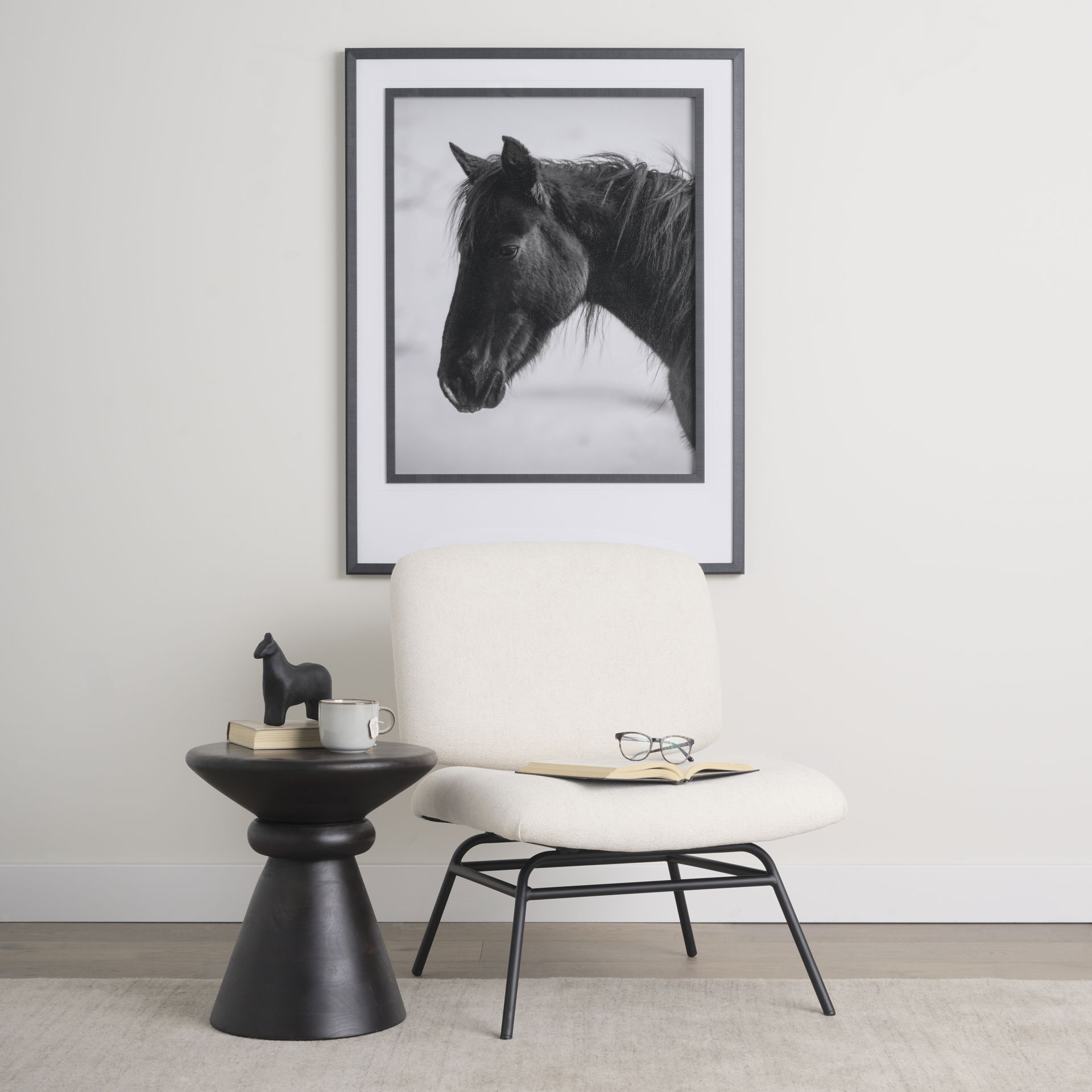 Nora Cream Fabric with Matte Black Metal Legs Accent Chair, by Mercana, 30.79" length x 25.39" width x 31.89" height View 2