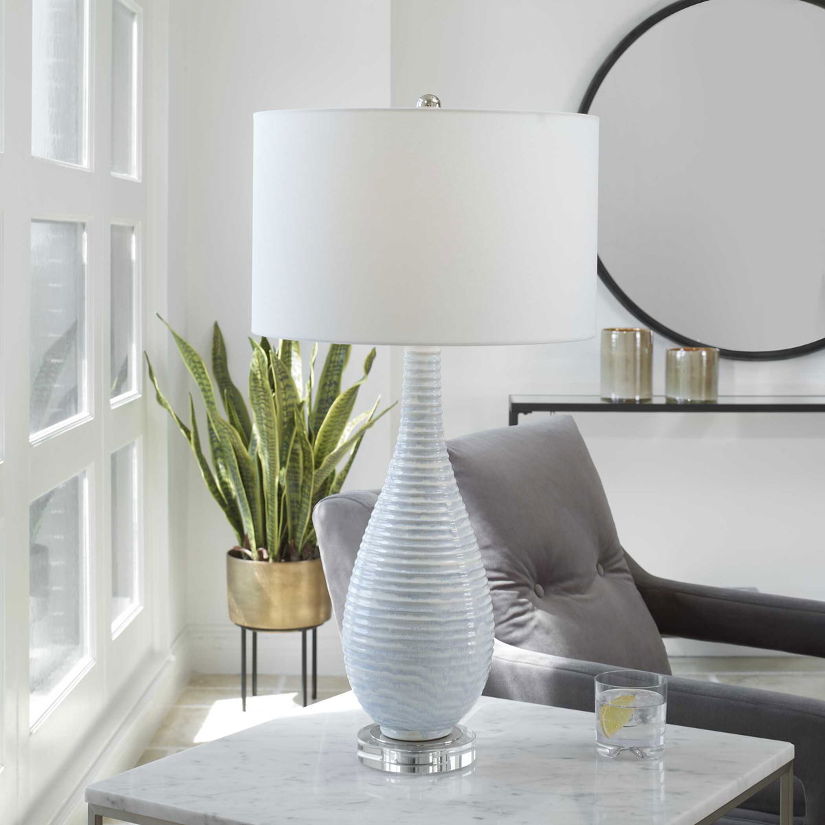 Clariot Ribbed Blue Table Lamp, by Uttermost, 16" width x 31" height x 16" depth View 2