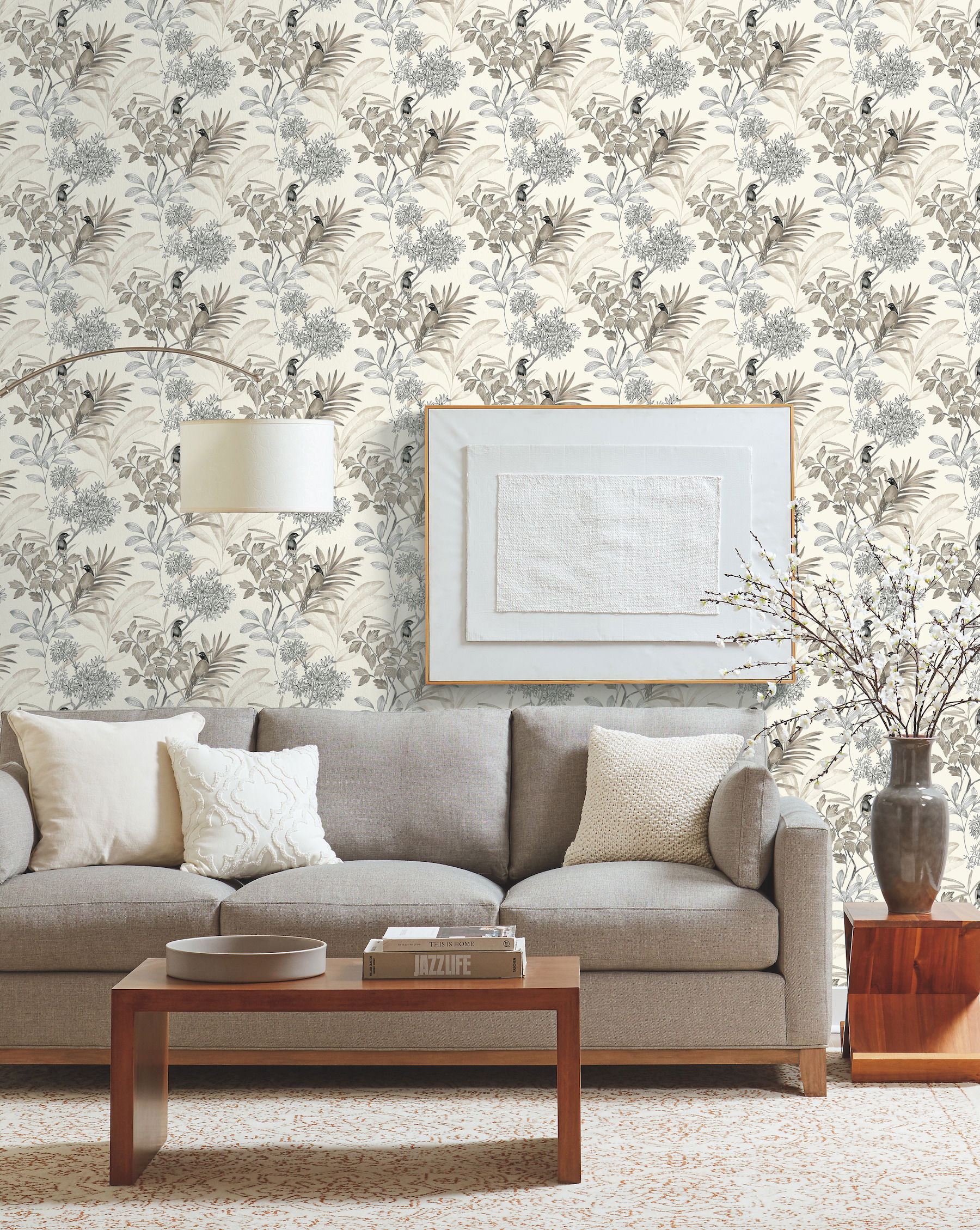 Handpainted Songbird Grey Wallpaper large image 
