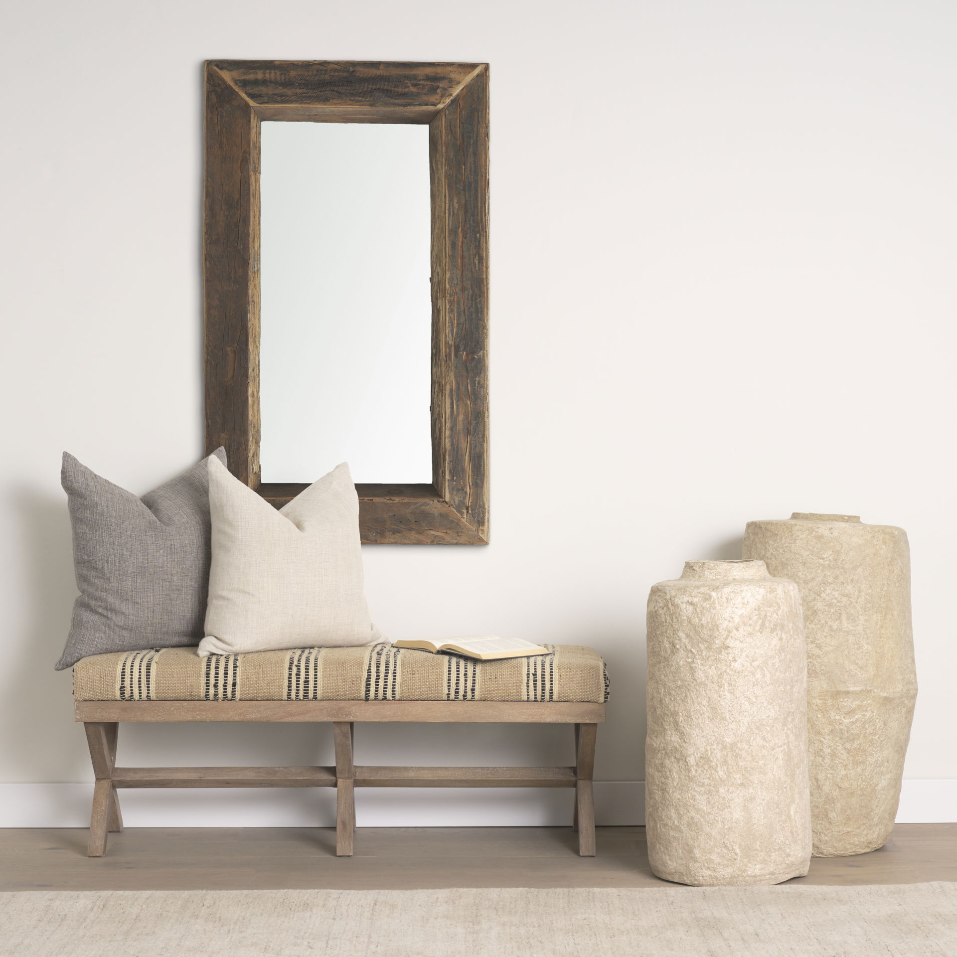 Solis 50L x 16W Brown Base Upholstered Beige/Black Stripe Seat Accent Bench large image 