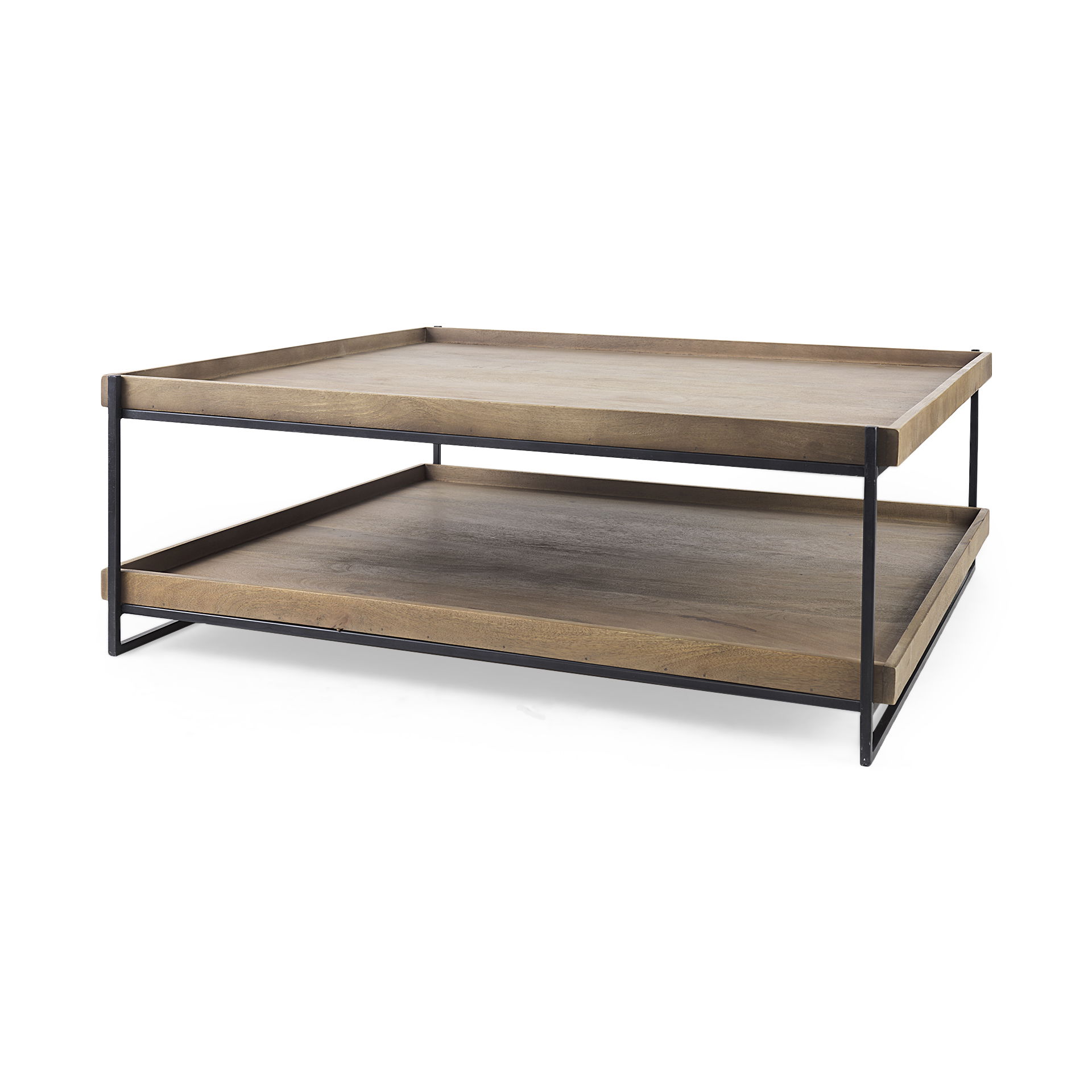 Trey 48x46 Rectangular Brown Solid Wood Top Table Black Metal Frame Two-Tier Coffee Table, by Mercana, 48" length x 46" width x 17" height View 1