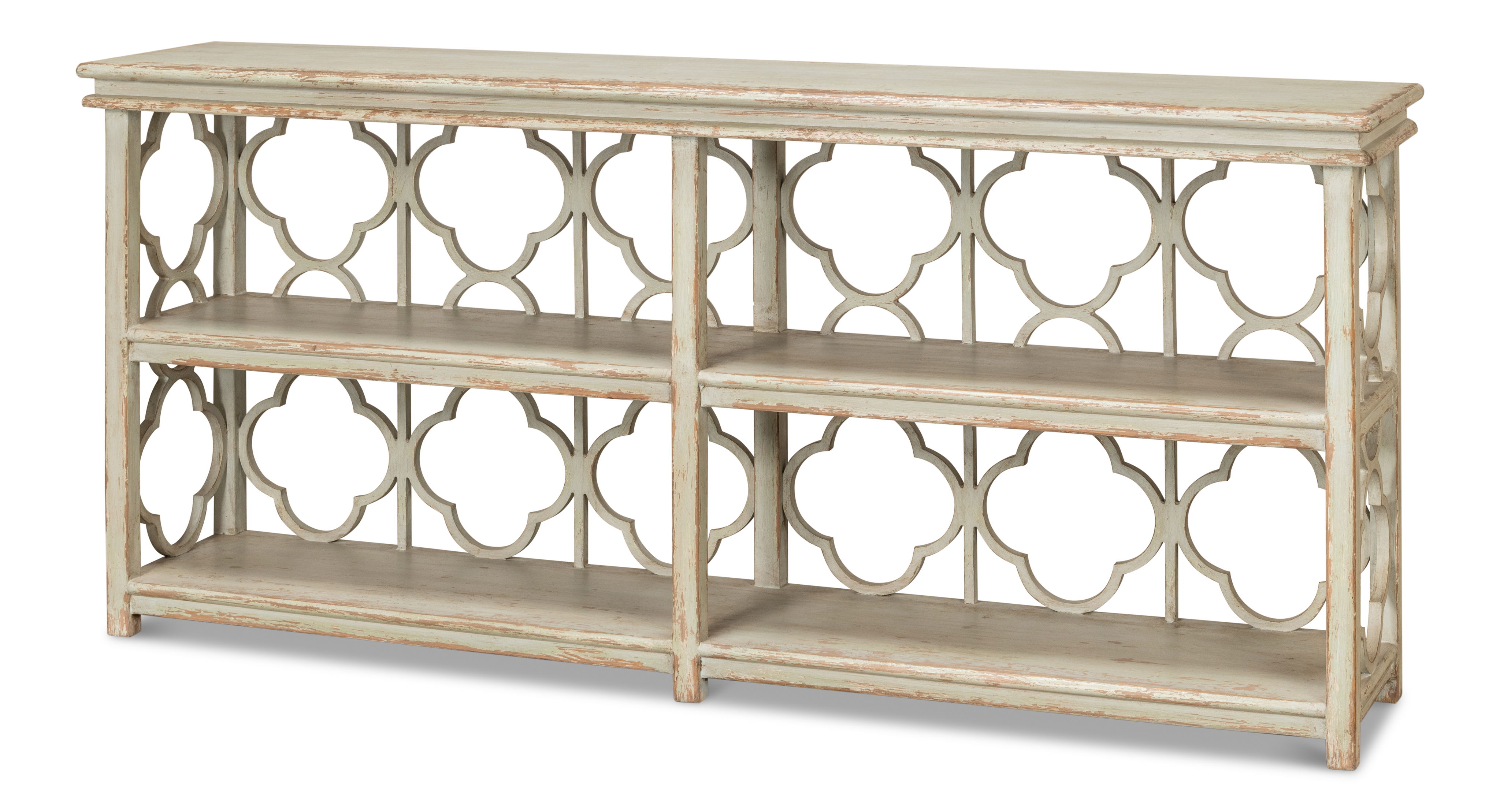 Quatrefoil Bookshelf Console Table, Shelving & Bookcase by Sarreid, 78" length x 16" width x 35" height View 1