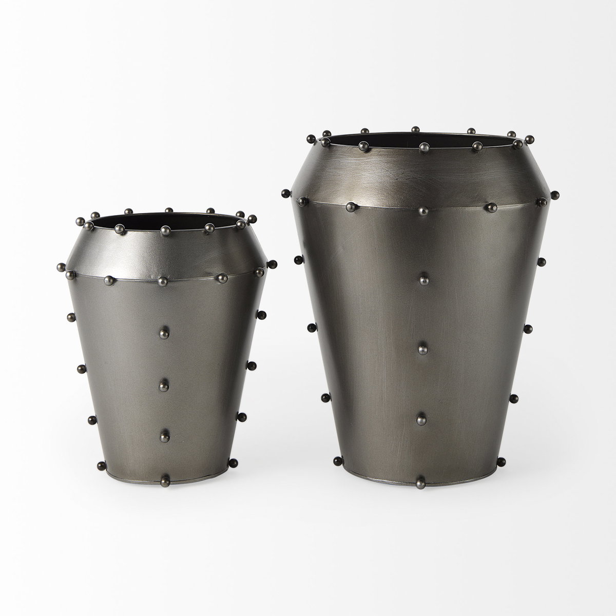 Elio 12.2H Large Gun Metal Gray Metal with Studs Vase, by Mercana, 9.84" length x 9.84" width x 12.2" height View 5