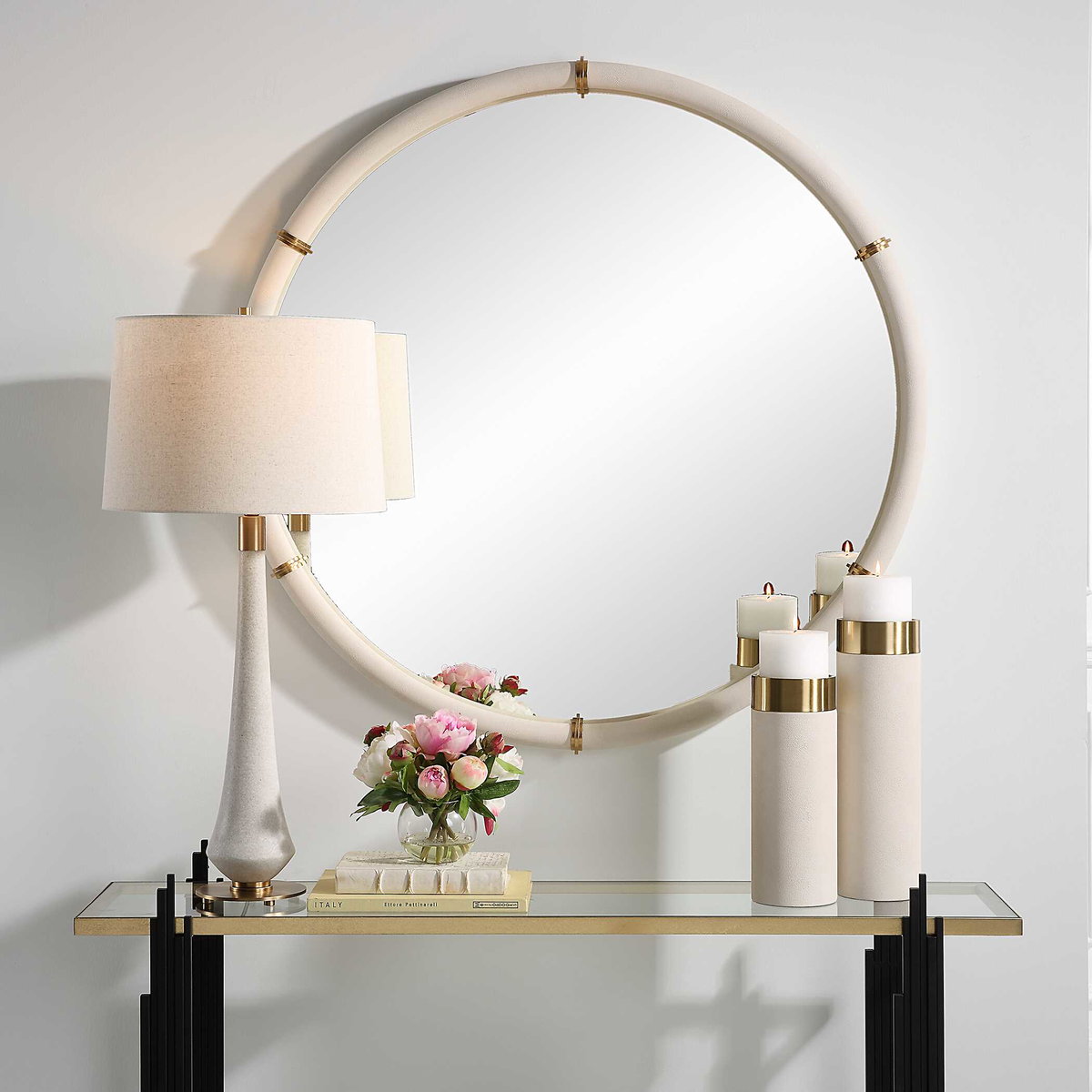 Cyprus White Round Mirror, by Uttermost, 43" width x 43" height x 2.75" depth View 2