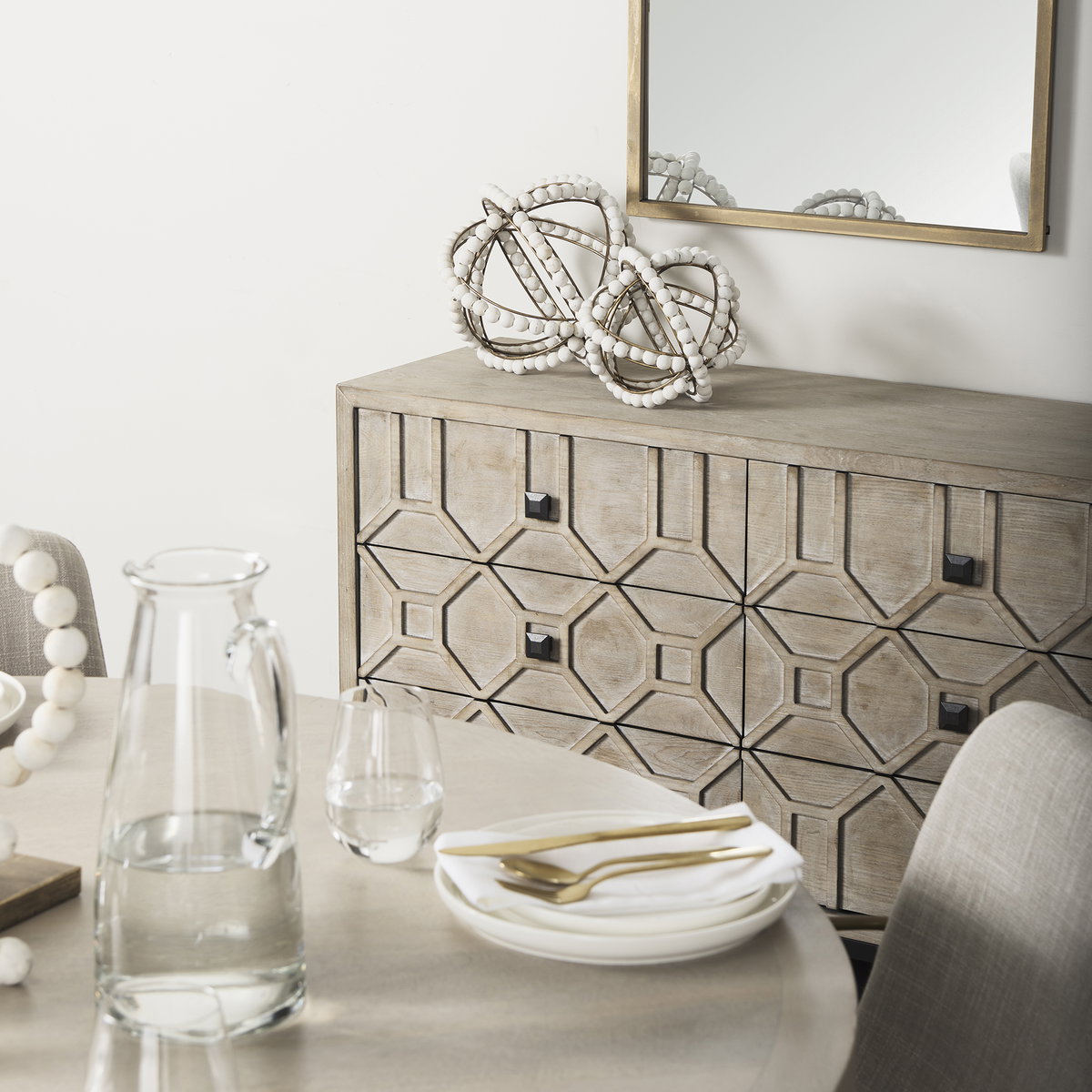 Genevieve II Light Brown Fir Veneer 9 Drawer Sideboard, Sideboards & Buffet by Mercana, 70.08" length x 15.75" width x 30.91" height View 2