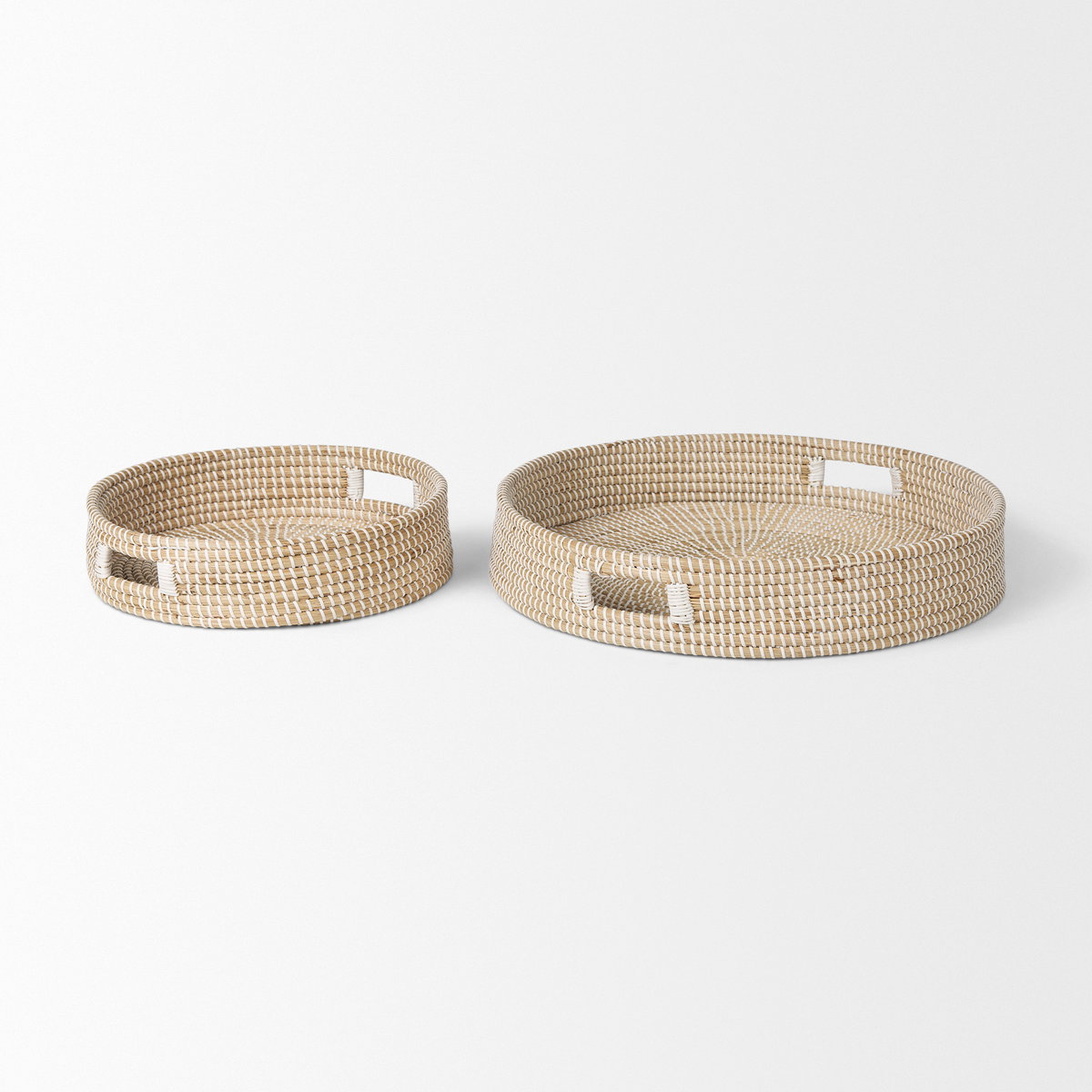 Kalama Set of 2 Large Round Seagrass Trays with Handles, Decorative Tray by Mercana, 22.05" length x 22.05" width x 3.94" height View 6