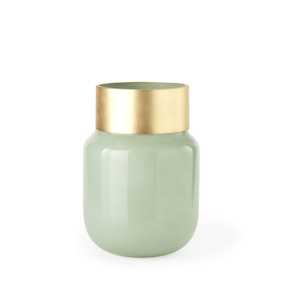 Minty Medium  Green Glass Vase with Matte Gold Metal Neck Cuff, by Mercana, 8.66" length x 8.66" width x 12.44" height View 1