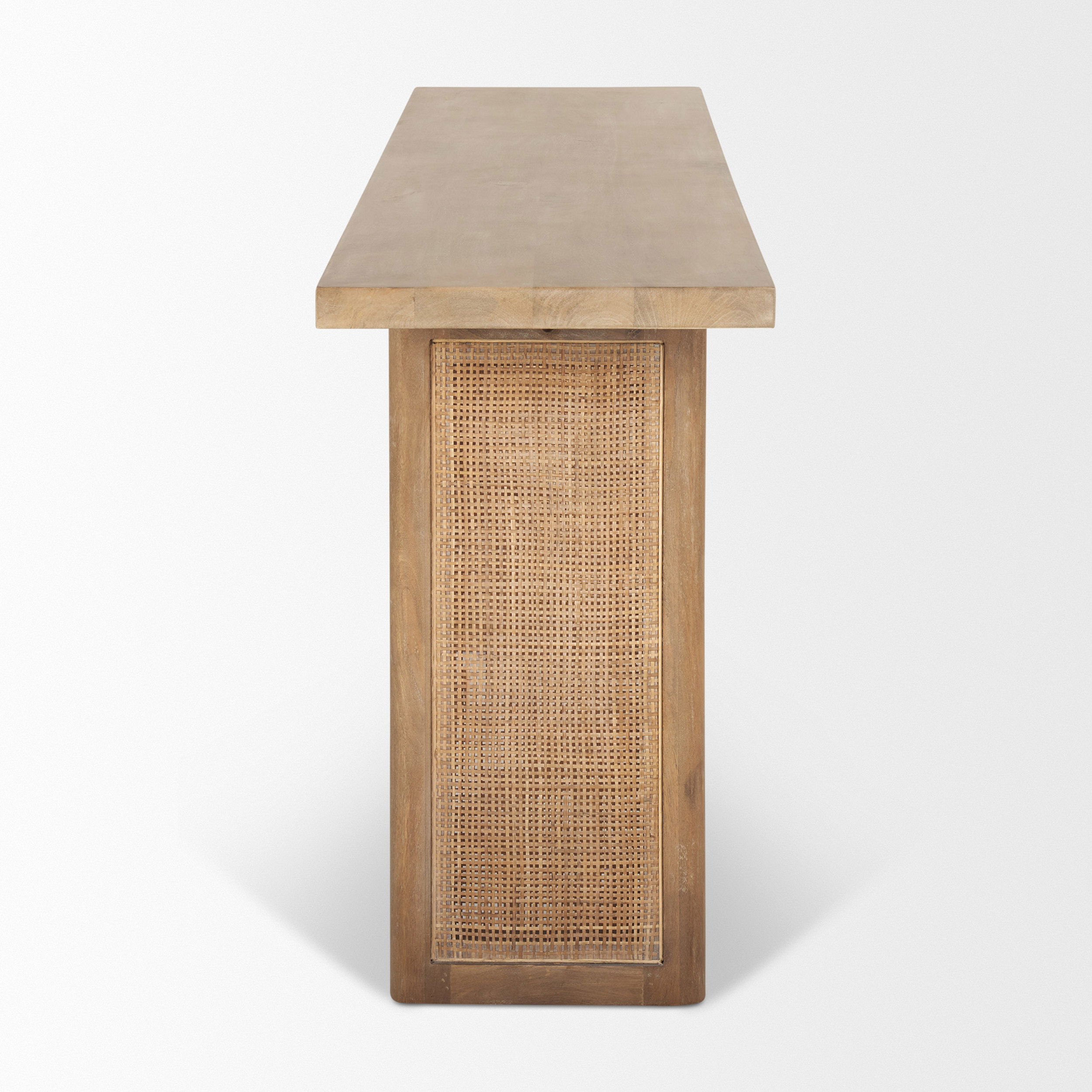 Grier 65' Light Brown Solid Wood with Cane Console Table, by Mercana, 65" length x 16" width x 29" height View 5