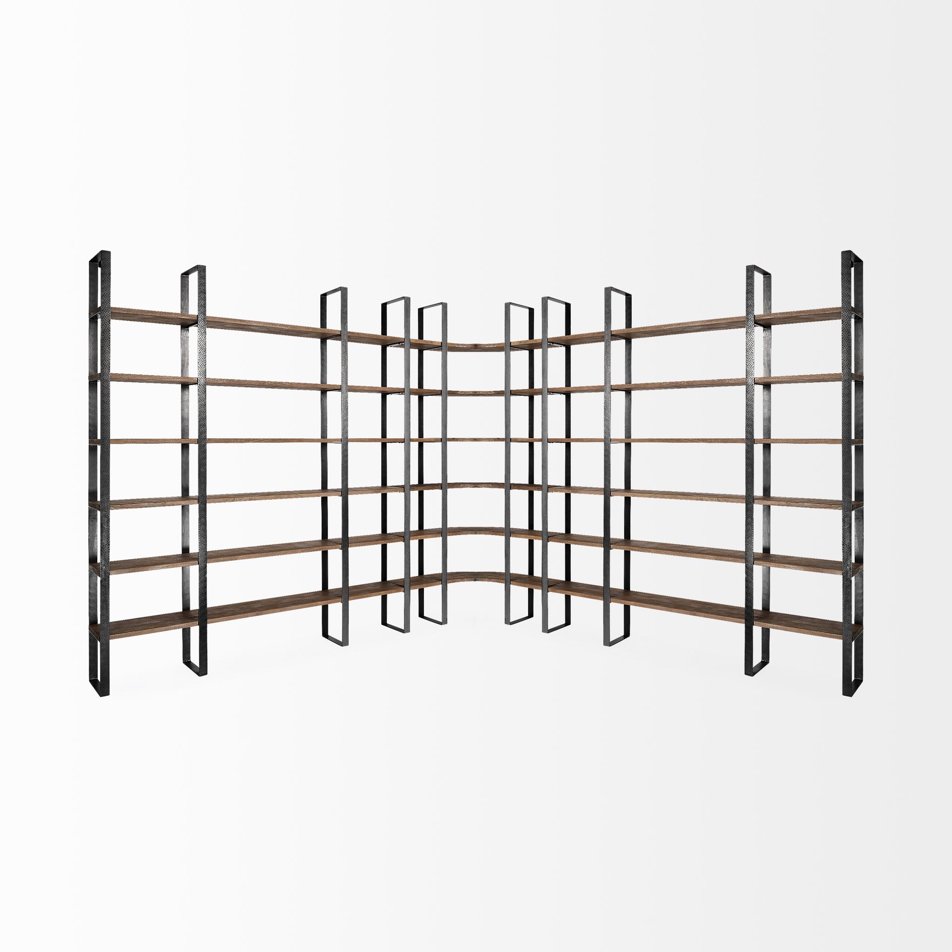 Turner II 37L x 10.5W x 90H Curved Dark Brown Wood And Black Iron Six Shelving Unit, Shelving & Bookcase by Mercana, 36.5" length x 36.5" width x 90" height View 10